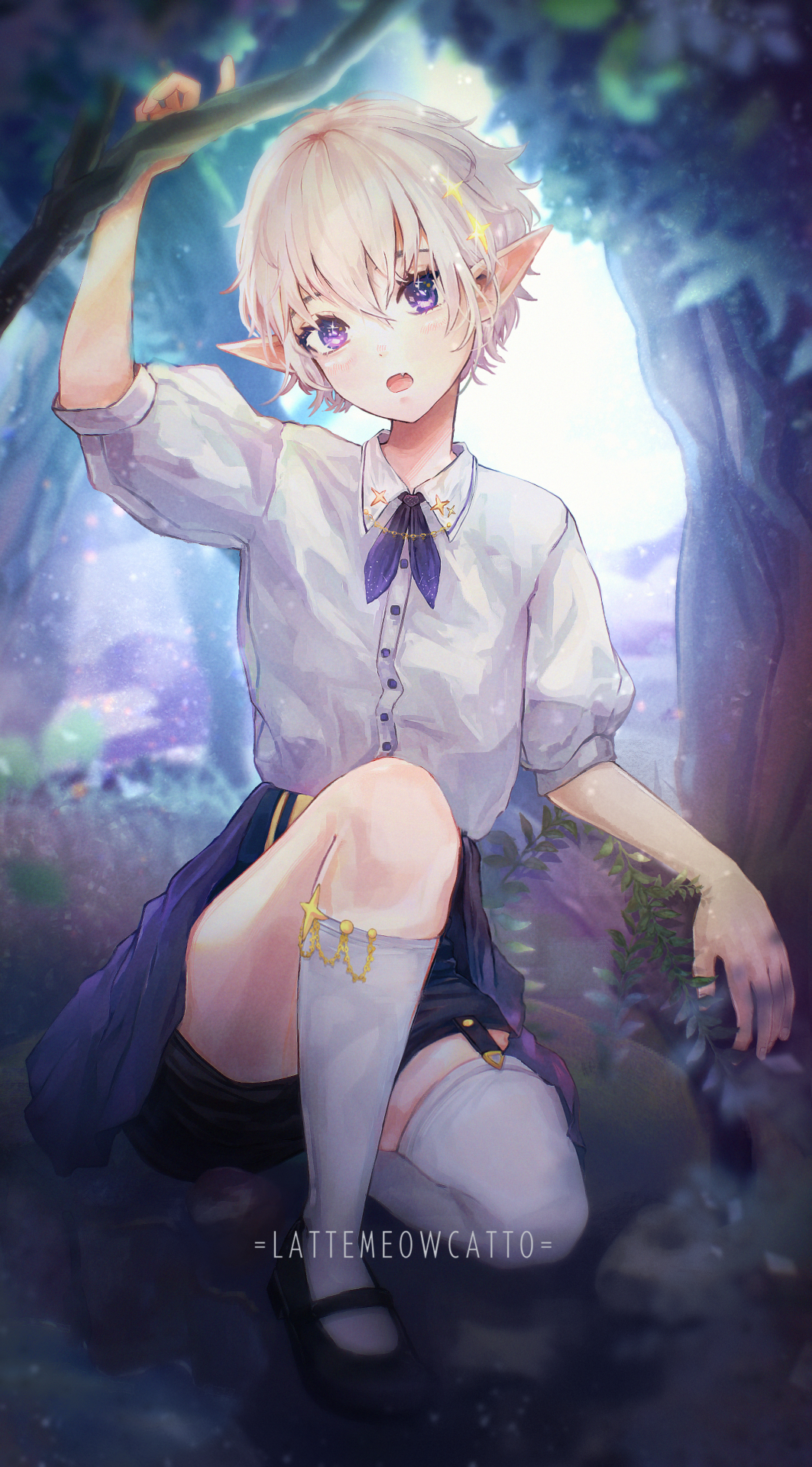 lattemeowcatto, original, highres, 1girl, arm up, artist name, black shoes, blush, branch, buttons, collared shirt, eyelashes, fang, forest, full body, hair between eyes, hair ornament, high-waist skirt, holding, holding branch, loafers, looking at viewer, nature, necktie, open mouth, outdoors, plant, pointy ears, puffy short sleeves, puffy sleeves, purple eyes, purple necktie, purple skirt, shirt, shoes, short hair, short necktie, short sleeves, skin fang, skirt, socks, solo, squatting, star (symbol), star hair ornament, thighs, tree, white hair, white shirt, white socks