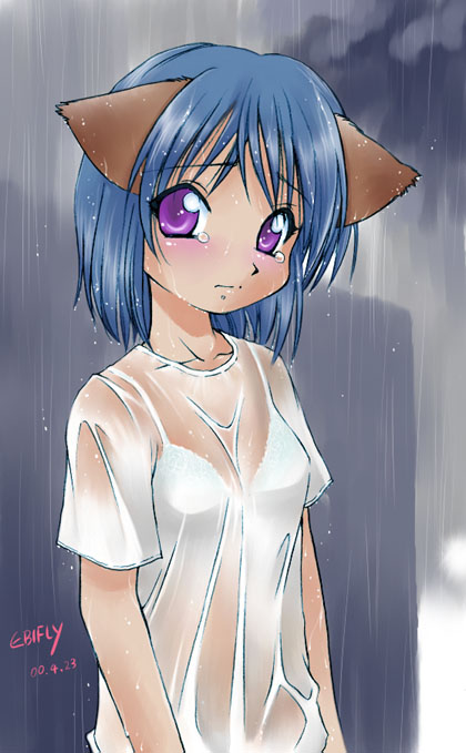 ebifly, eyebrows, 1girl, animal ears, artist name, blue hair, cat ears, collarbone, dated, female focus, purple eyes, rain, see-through clothes, solo, tears