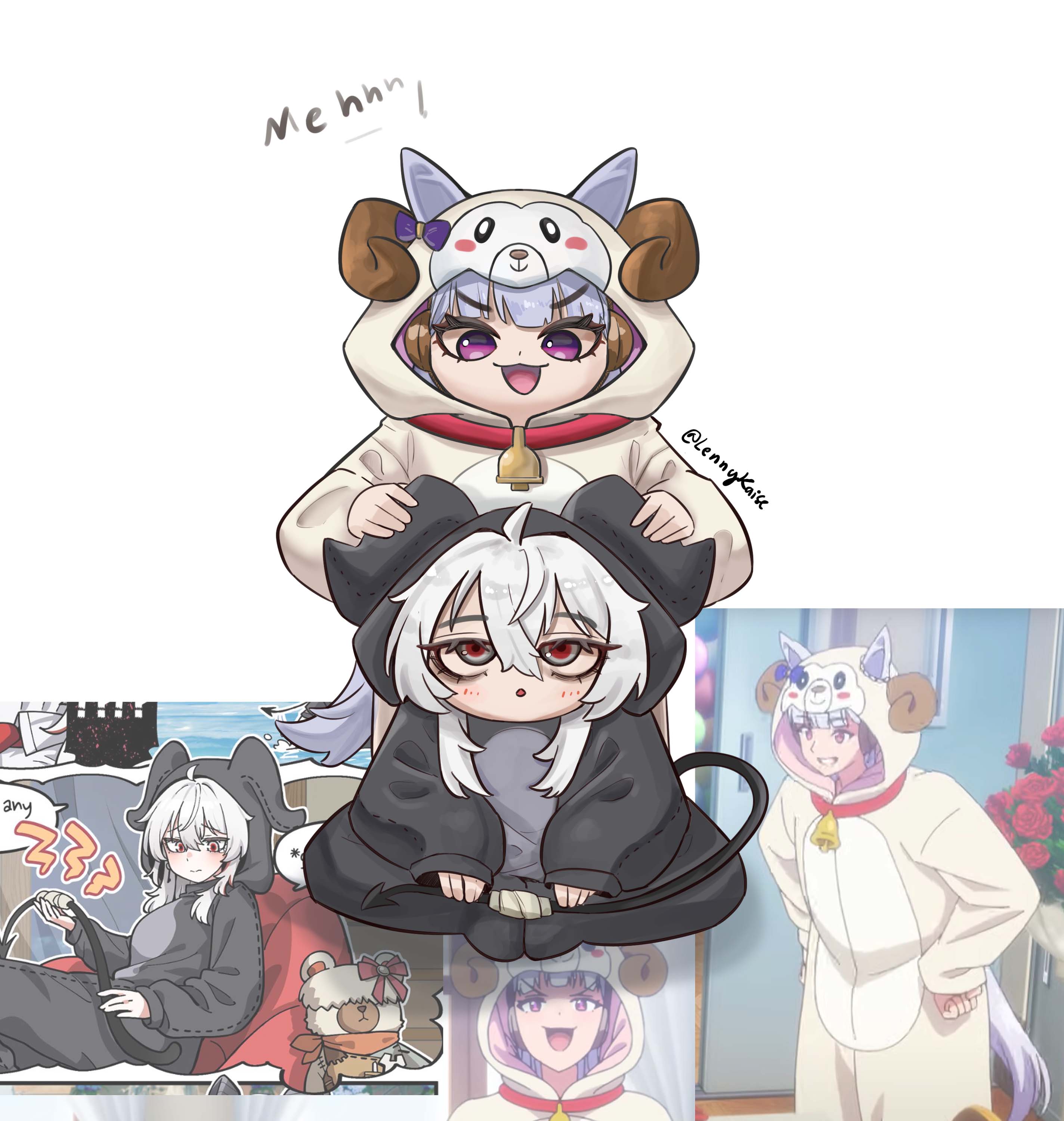 lennykaise, gold ship (umamusume), ueda hitomi, zani (wuthering waves), umamusume, wuthering waves, absurdres, annotated, commentary, highres, symbol-only commentary, 2girls, anime screenshot inset, bags under eyes, bandaged tail, black eyes, black tail, crossover, demon tail, grey hair, hands on another's horns, headphones, long hair, looking up, multicolored eyes, multiple girls, official art inset, onesie, open mouth, purple eyes, red eyes, sitting, smile, tail, twitter username, two-tone eyes, v-shaped eyebrows, voice actor connection