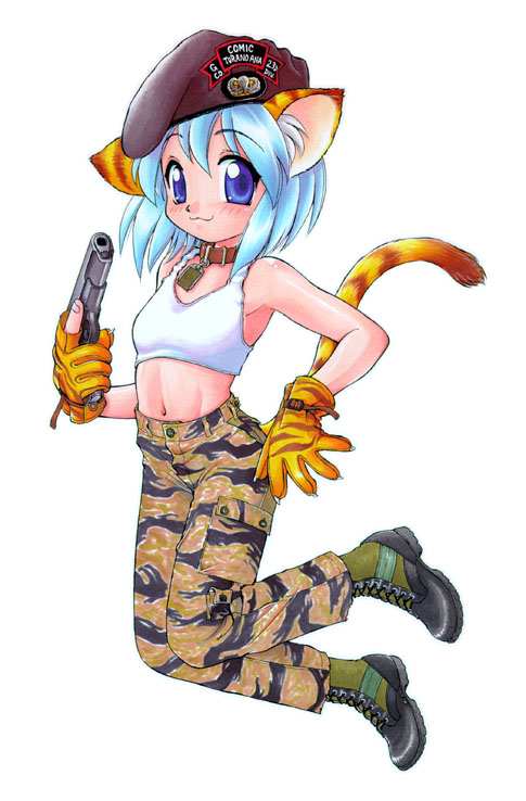 ebifly, 1girl, :3, animal ears, beret, blue eyes, blue hair, boots, camouflage, cat ears, cat tail, collar, dog tags, female focus, gloves, gun, handgun, hat, matching hair/eyes, military fatigues, military uniform, pistol, solo, tail, trigger discipline, weapon