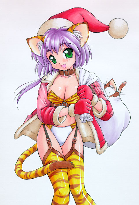 ebifly, 1girl, :d, animal ears, animal print, breasts, buckle, cat ears, cat tail, christmas, cleavage, collar, female focus, garter belt, gloves, green eyes, hat, large breasts, looking at viewer, open mouth, purple hair, red gloves, sack, santa costume, santa hat, short hair, simple background, smile, solo, tail, thighhighs, tiger ears, tiger print, tiger tail
