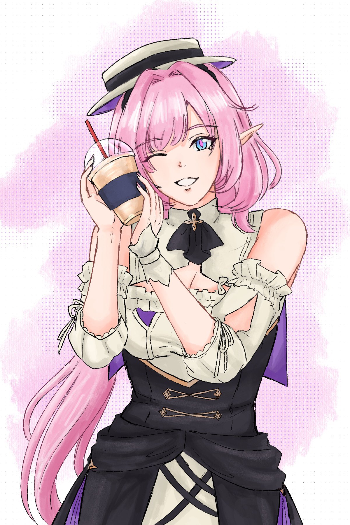 yakmeephuawkaa, elysia (honkai impact), elysia (sweet memories) (honkai impact), honkai (series), honkai impact 3rd, commentary, highres, symbol-only commentary, 1girl, ;), blue eyes, breasts, bubble tea, cleavage cutout, clothing cutout, cup, disposable cup, dress, elf, hat, holding, holding cup, large breasts, long hair, looking at viewer, official alternate costume, one eye closed, pink hair, pointy ears, smile, solo, tilted headwear, very long hair, white dress, white hat
