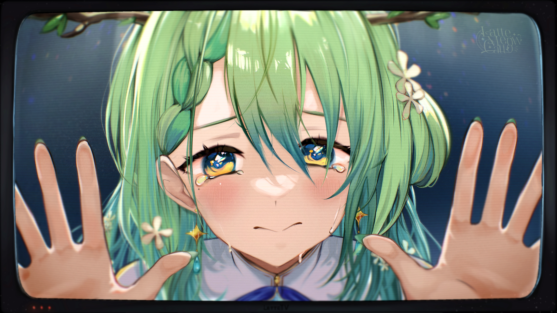 lattemeowcatto, ceres fauna, ceres fauna (1st costume), hololive, hololive english, commentary, english commentary, highres, 1girl, against glass, antlers, artist name, blush, braid, braided bangs, branch, crt, earrings, eyelashes, flower, green eyes, green hair, green nails, hair between eyes, hand on glass, horns, jewelry, looking at viewer, medium hair, portrait, solo, straight-on, tears, television, virtual youtuber, white flower