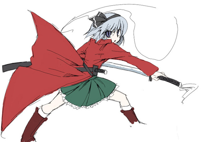 konpaku youmu, konpaku youmu (ghost), capcom, devil may cry (series), touhou, 1girl, female focus, hitodama, katana, parody, sheath, solo, sword, unsheathing, weapon