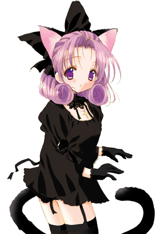 shirayuki (sister princess), sister princess, 00s, 1girl, animal ears, blush, cat ears, cat tail, cross, cross necklace, female focus, gloves, jewelry, looking at viewer, necklace, pink hair, purple eyes, simple background, solo, tail, thighhighs, white background, zettai ryouiki