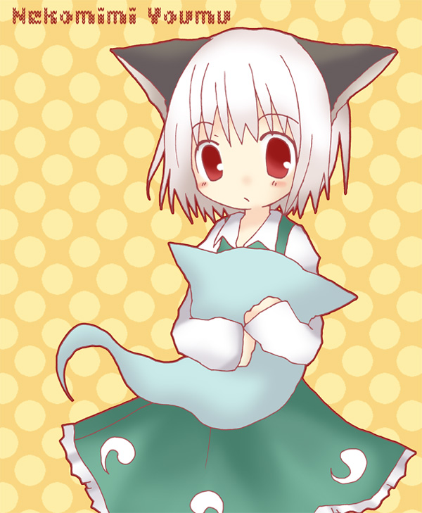 konpaku youmu, konpaku youmu (ghost), touhou, 1girl, animal ears, blouse, cat ears, cat girl, character name, collared shirt, cowboy shot, female focus, hitodama, kemonomimi mode, orange background, shirt, solo, standing, white hair, white shirt