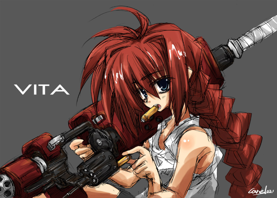 graf eisen, vita (nanoha), lyrical nanoha, mahou shoujo lyrical nanoha, mahou shoujo lyrical nanoha a's, 00s, 1girl, alternate weapon, blue eyes, braid, bullet, cartridge, female focus, gun, handgun, long hair, mouth hold, red hair, reloading, revolver, solo, weapon