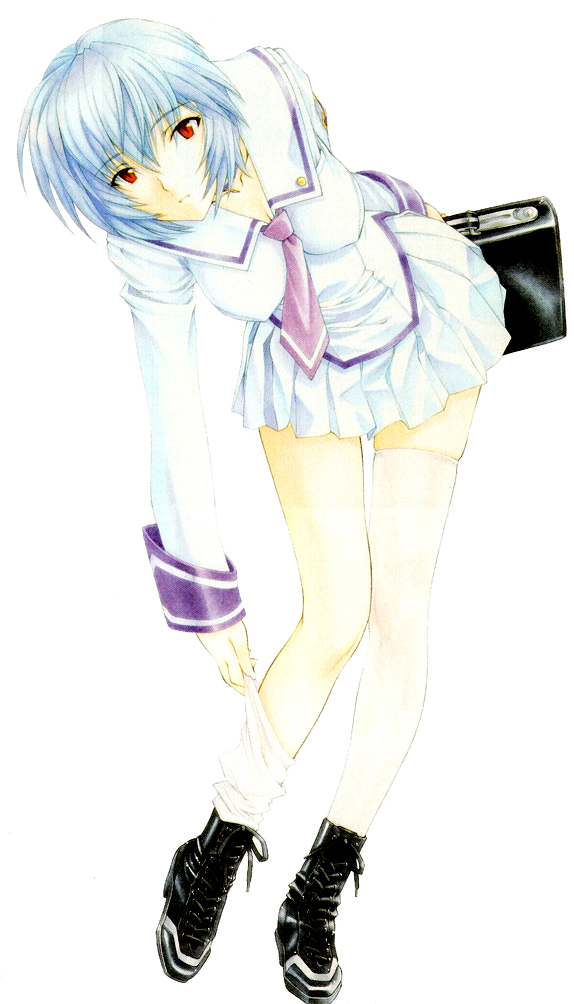 ramiya ryou, utatane hiroyuki, ayanami rei, neon genesis evangelion, neon genesis evangelion anima, 1girl, bag, blue hair, female focus, necktie, red eyes, satchel, school bag, school uniform, serafuku, short hair, solo, thighhighs