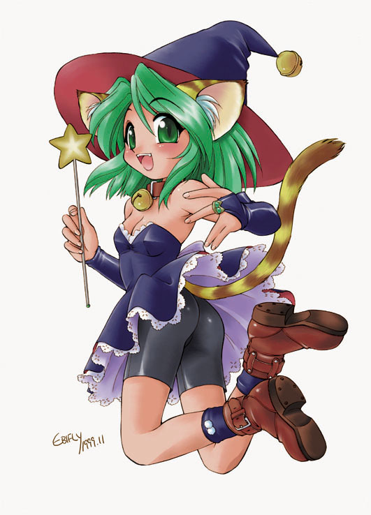 ebifly, animal ears, bike shorts, cat ears, cat tail, collar, green hair, hat, solo, tail, wand, witch hat