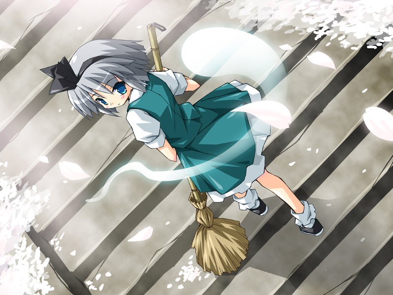 konpaku youmu, konpaku youmu (ghost), touhou, 1girl, blue eyes, blush, broom, female focus, grey hair, hitodama, leg warmers, looking back, petals, puffy short sleeves, puffy sleeves, short sleeves, solo, stairs, white hair