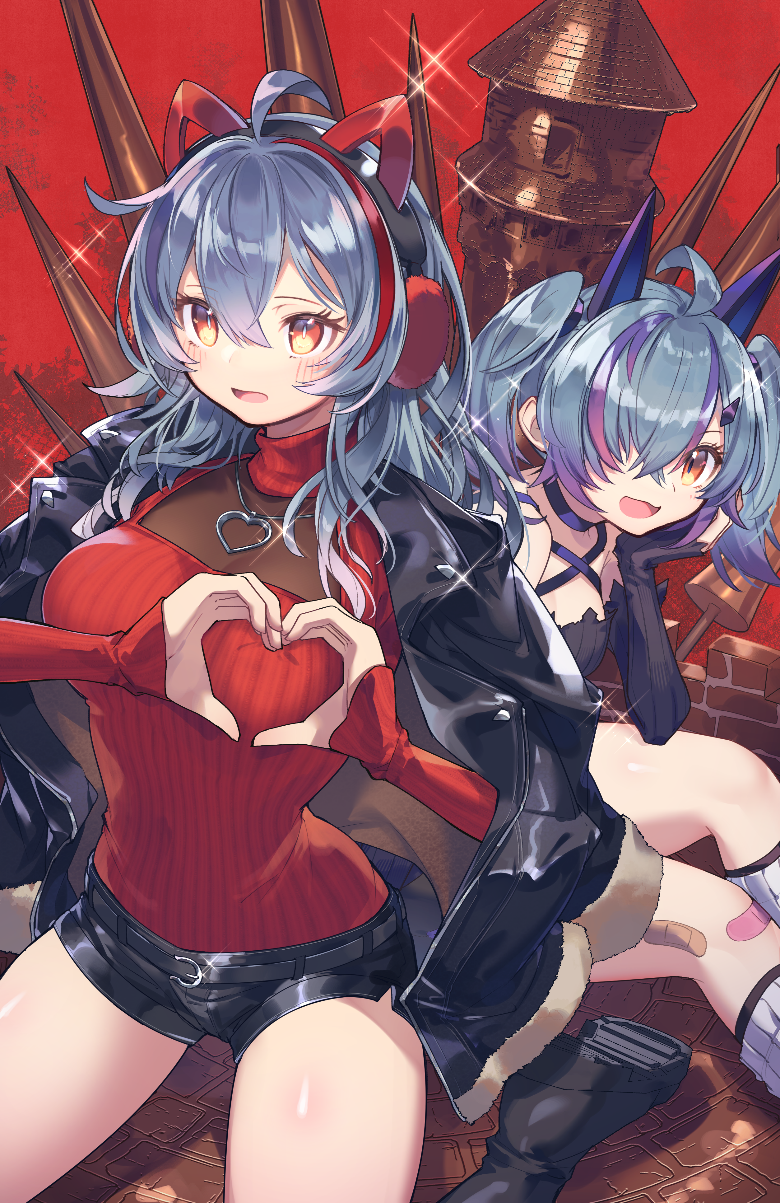 kuuron (moesann17), puzzle & dragons, absurdres, highres, 2girls, animal ears, ashley (puzzle & dragons), bandages, belt, black dress, black gloves, black jacket, black shoes, black shorts, blue hair, blush, dress, fake animal ears, fur trim, gloves, headphones, heart, heart hands, jacket, long hair, melty (puzzle & dragons), multicolored hair, multiple girls, rabbit ears, red sweater, shoes, short hair, shorts, smile, strapless, strapless dress, sweater, turtleneck, two-tone hair, yellow eyes