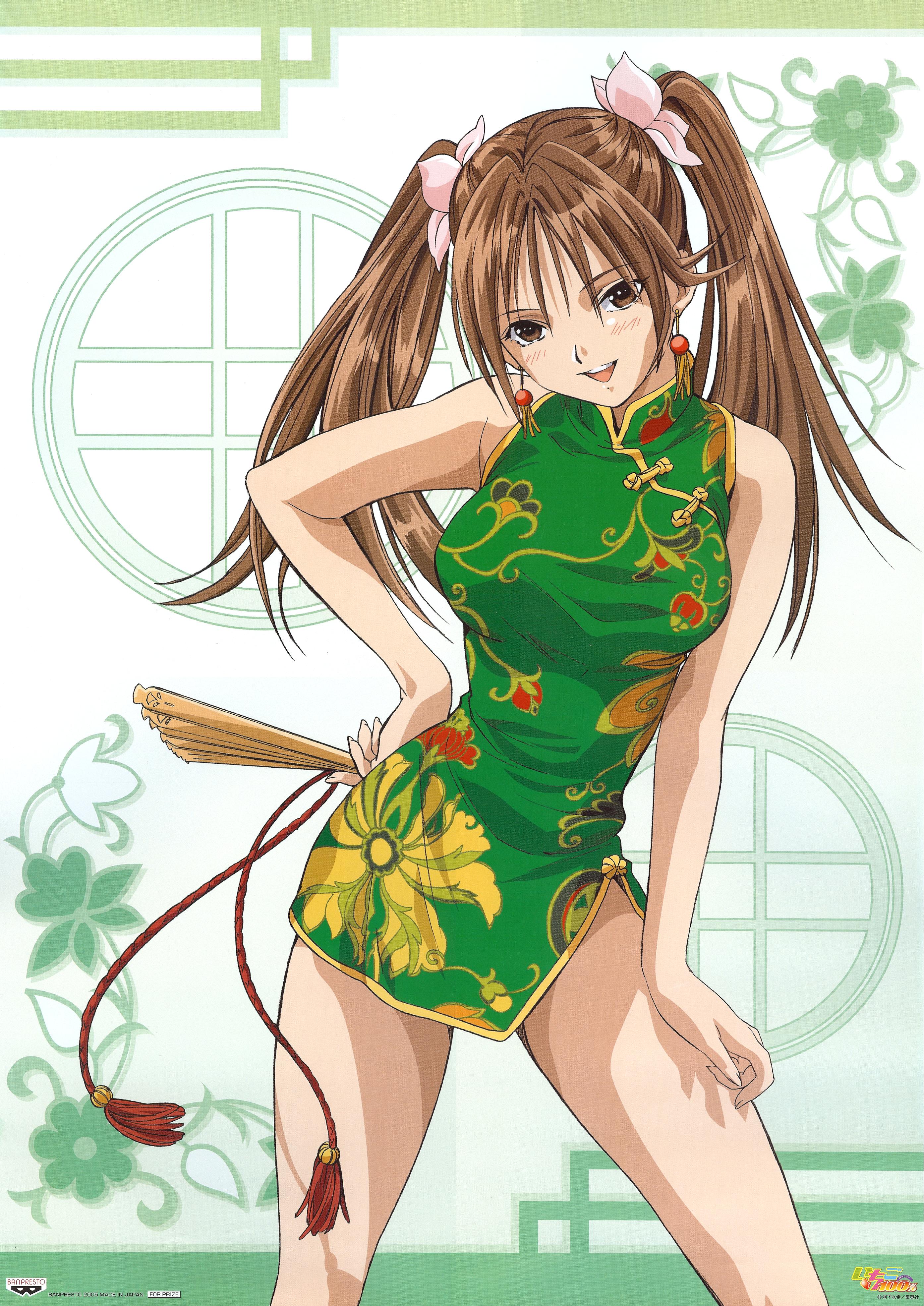 kitaooji satsuki, ichigo 100%, absurdres, highres, scan, 00s, bare shoulders, blush, brown eyes, brown hair, china dress, chinese clothes, dress, folding fan, hair ribbon, hand fan, hand on own hip, hip focus, long hair, moire, ribbon, smile, solo, twintails