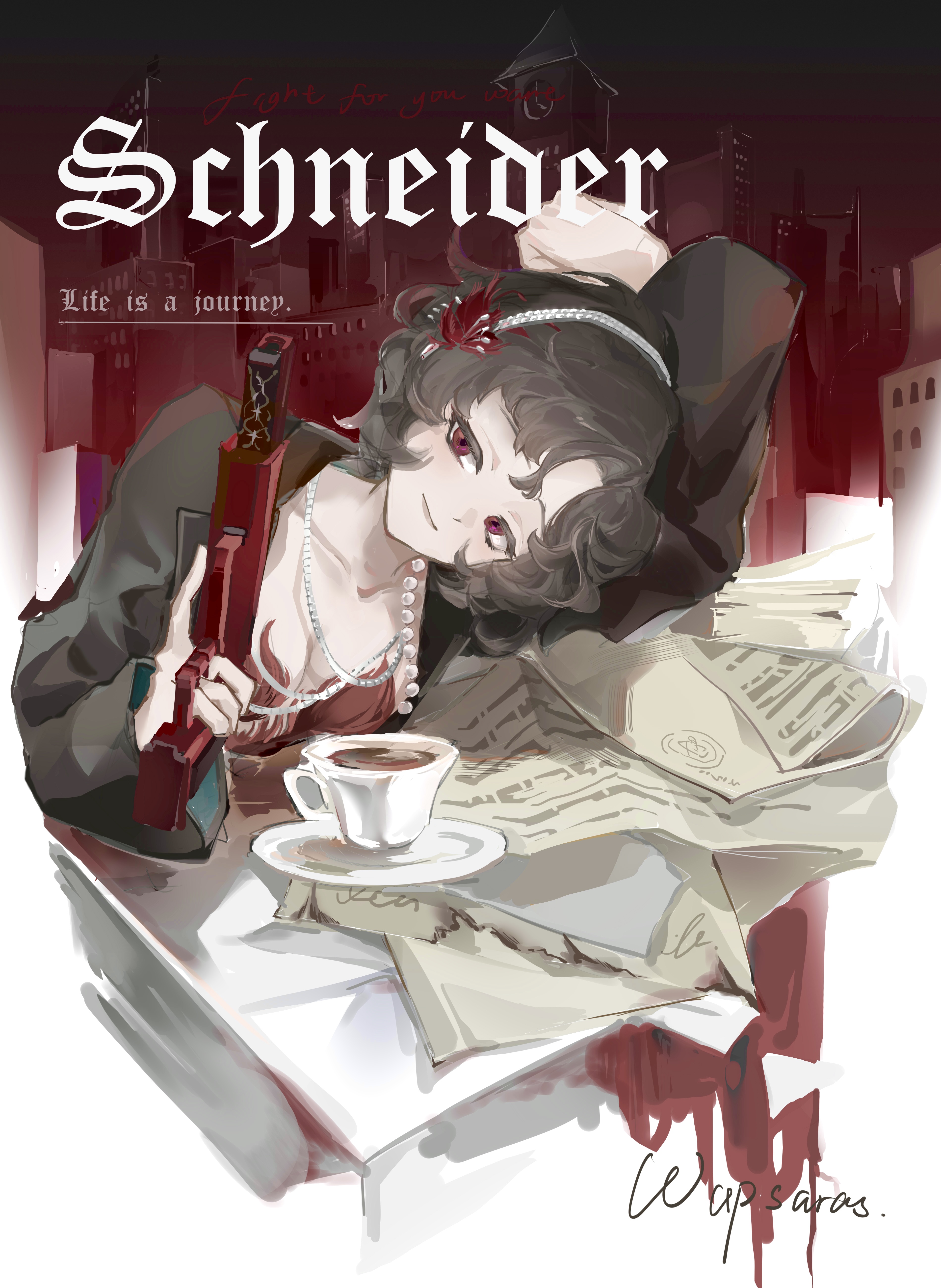 schneider (reverse:1999), reverse:1999, absurdres, highres, 1girl, arm up, black coat, black hair, building, character name, city, coat, cup, english text, feather hair ornament, feathers, grin, gun, hair ornament, hairband, handgun, hands up, head tilt, holding, holding gun, holding weapon, looking at viewer, newspaper, red background, red eyes, red feathers, saucer, short hair, smile, solo, table, teacup, trigger discipline, two-tone background, upper body, wap (3661823597), weapon, white background, white hairband