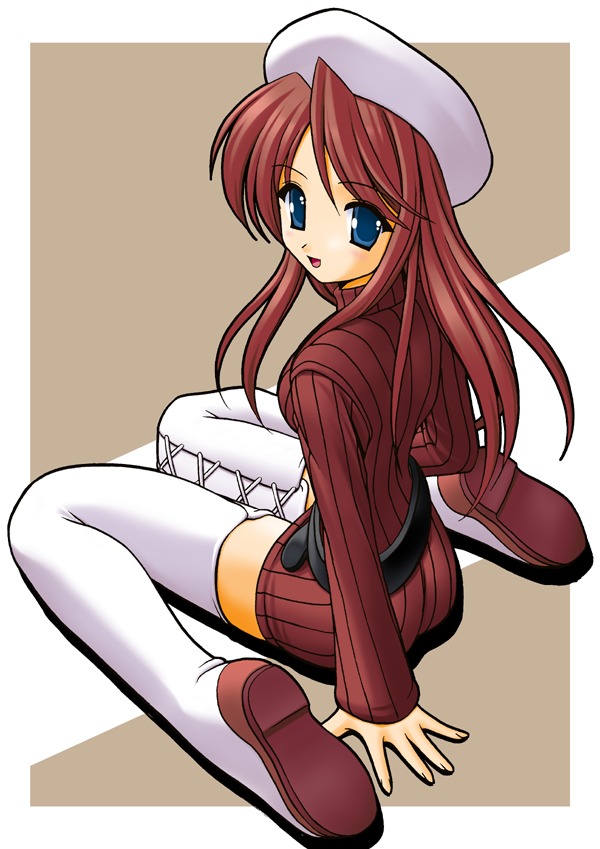aty, aty (summon night), summon night, summon night 3, 1girl, belt, beret, blue eyes, boots, female focus, hat, kneeling, long hair, red hair, solo, thigh boots, thighhighs, white boots, white thighhighs, zettai ryouiki