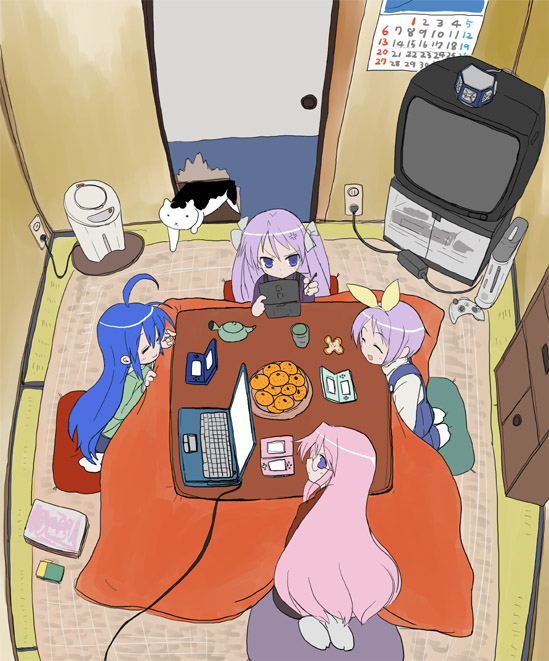 hiiragi kagami, hiiragi tsukasa, izumi konata, takara miyuki, lucky star, 00s, 4girls, calender (object), cat, closed eyes, computer, computer keyboard, food, fruit, game console, handheld game console, kotatsu, laptop, mandarin orange, multiple girls, nintendo ds, orange (fruit), playing games, siblings, sisters, table, tatami, twins, video game, xbox 360