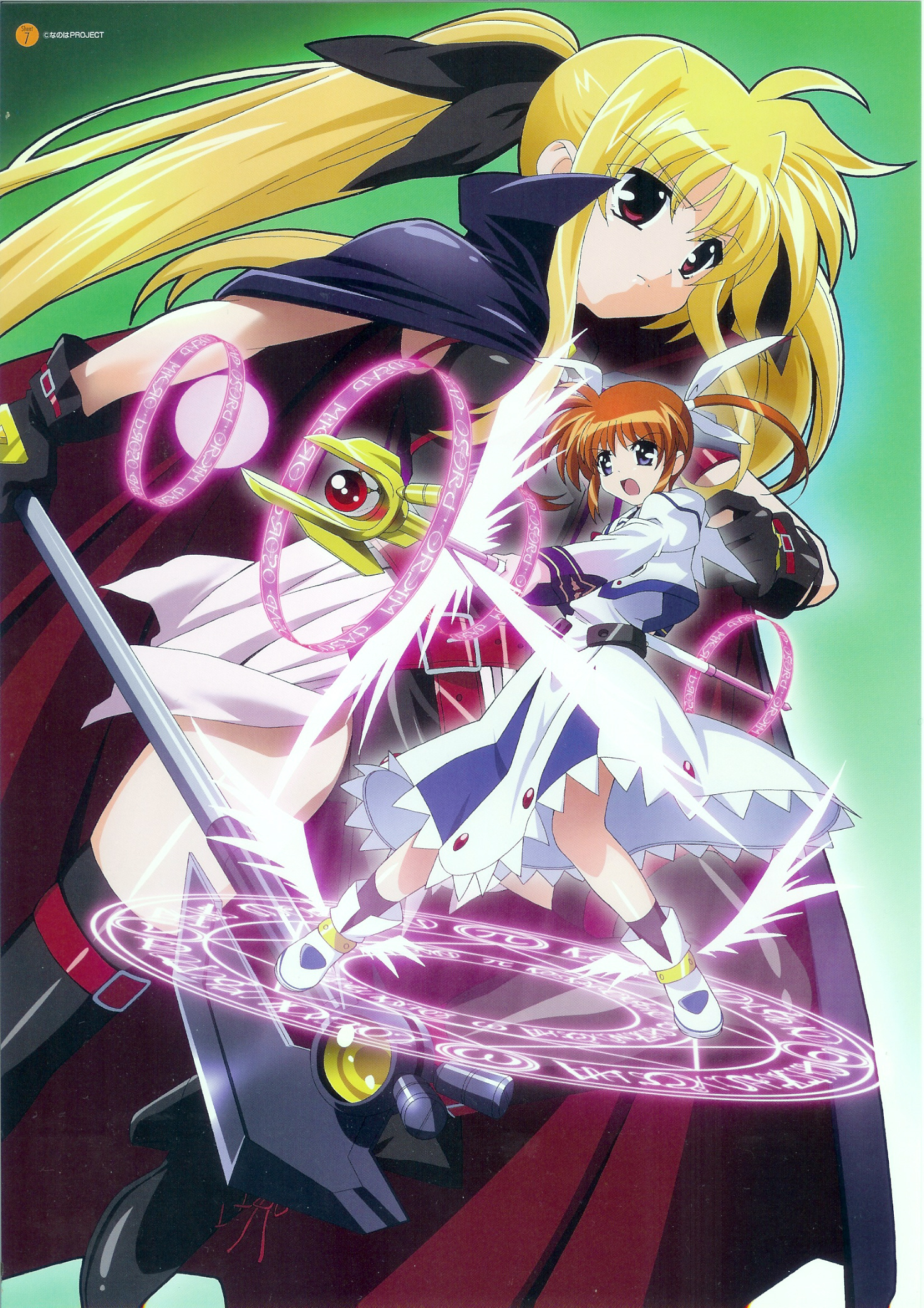 okuda yasuhiro, bardiche (device form) (nanoha), bardiche (nanoha), fate testarossa, fate testarossa (original form), raising heart, raising heart (shooting mode), takamachi nanoha, takamachi nanoha (original mode), lyrical nanoha, mahou shoujo lyrical nanoha, winged footwear, highres, official art, 00s, 2girls, belt, blonde hair, bow, brown hair, cape, dress, gloves, long hair, magic, magic circle, magical girl, multiple girls, purple eyes, red bow, red eyes, red hair, shoes, short hair, thighhighs, twintails, very long hair, wings