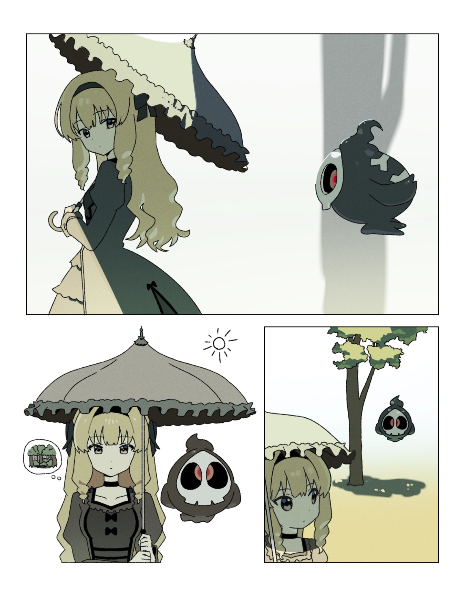 oromnt, duskull, nintendo, original, pokemon, highres, 1girl, black choker, blonde hair, brown eyes, choker, collarbone, dress, gen 3 pokemon, ghost, goth fashion, gothic lolita, grey dress, hairband, holding, holding umbrella, lolita fashion, long hair, long sleeves, parasol, pokemon (creature), red eyes, tree, umbrella