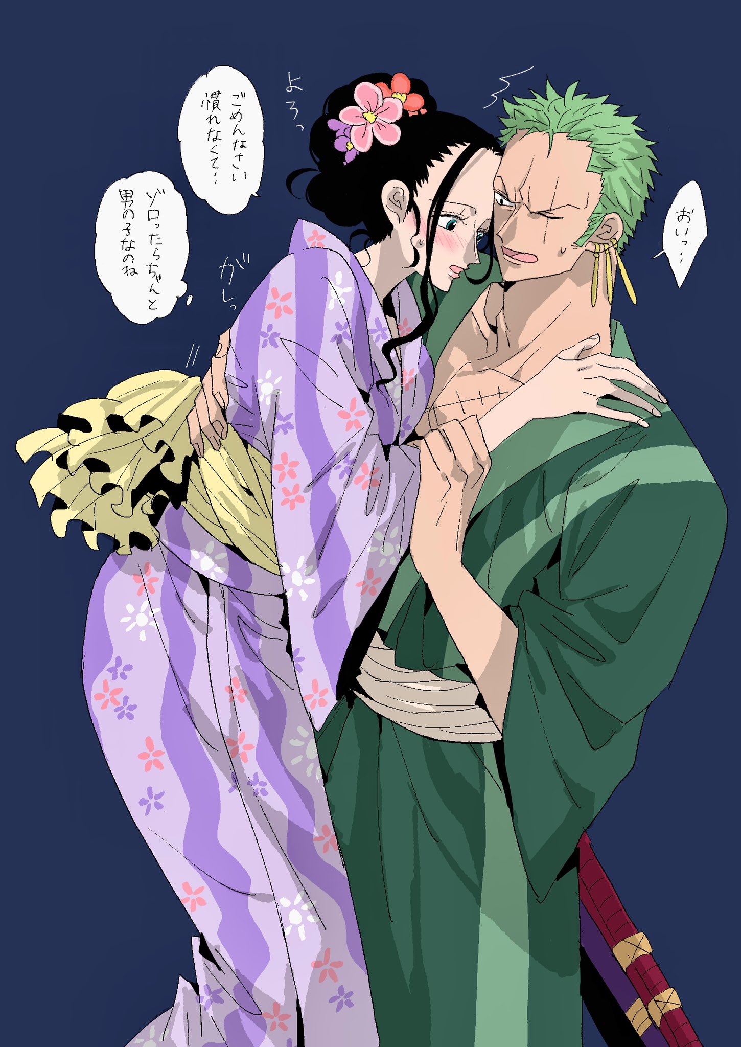 may snmk, nico robin, roronoa zoro, one piece, highres, translation request, 1boy, 1girl, black hair, blue background, blush, earrings, green hair, green kimono, hair bun, japanese clothes, jewelry, kimono, purple kimono, sash, short hair, sideburns, sidelocks, simple background, speech bubble, stitched torso, stitches, striped clothes, striped kimono, sweatdrop, thought bubble, vertical-striped clothes, vertical-striped kimono, wide sleeves