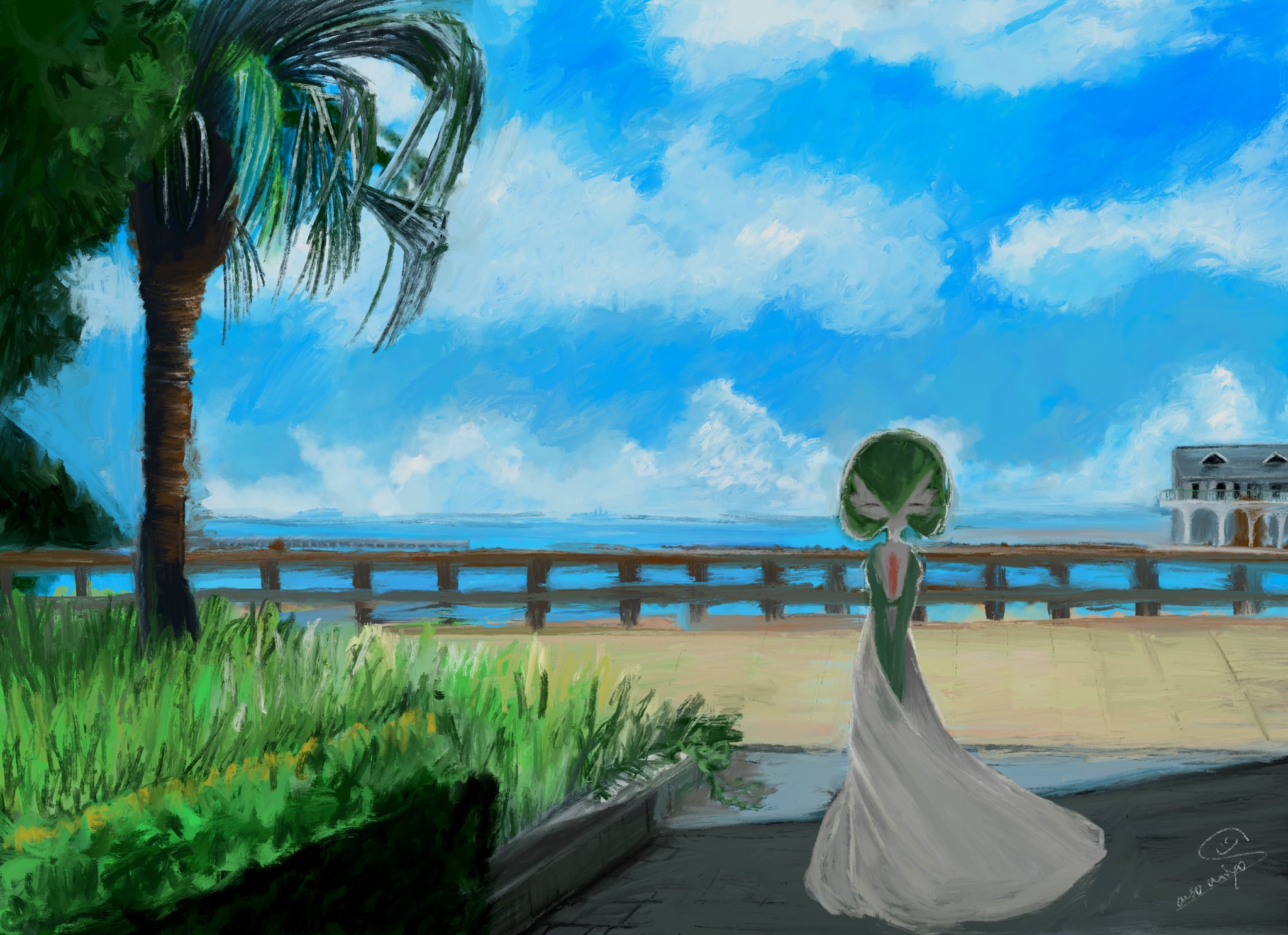 sanso naiyo, gardevoir, nintendo, pokemon, highres, 1other, blue sky, building, closed eyes, closed mouth, cloud, colored skin, facing viewer, fence, gen 3 pokemon, grass, green hair, green skin, multicolored skin, ocean, outdoors, palm tree, pokemon (creature), pokemon focus, sky, tree, two-tone skin, water, white skin