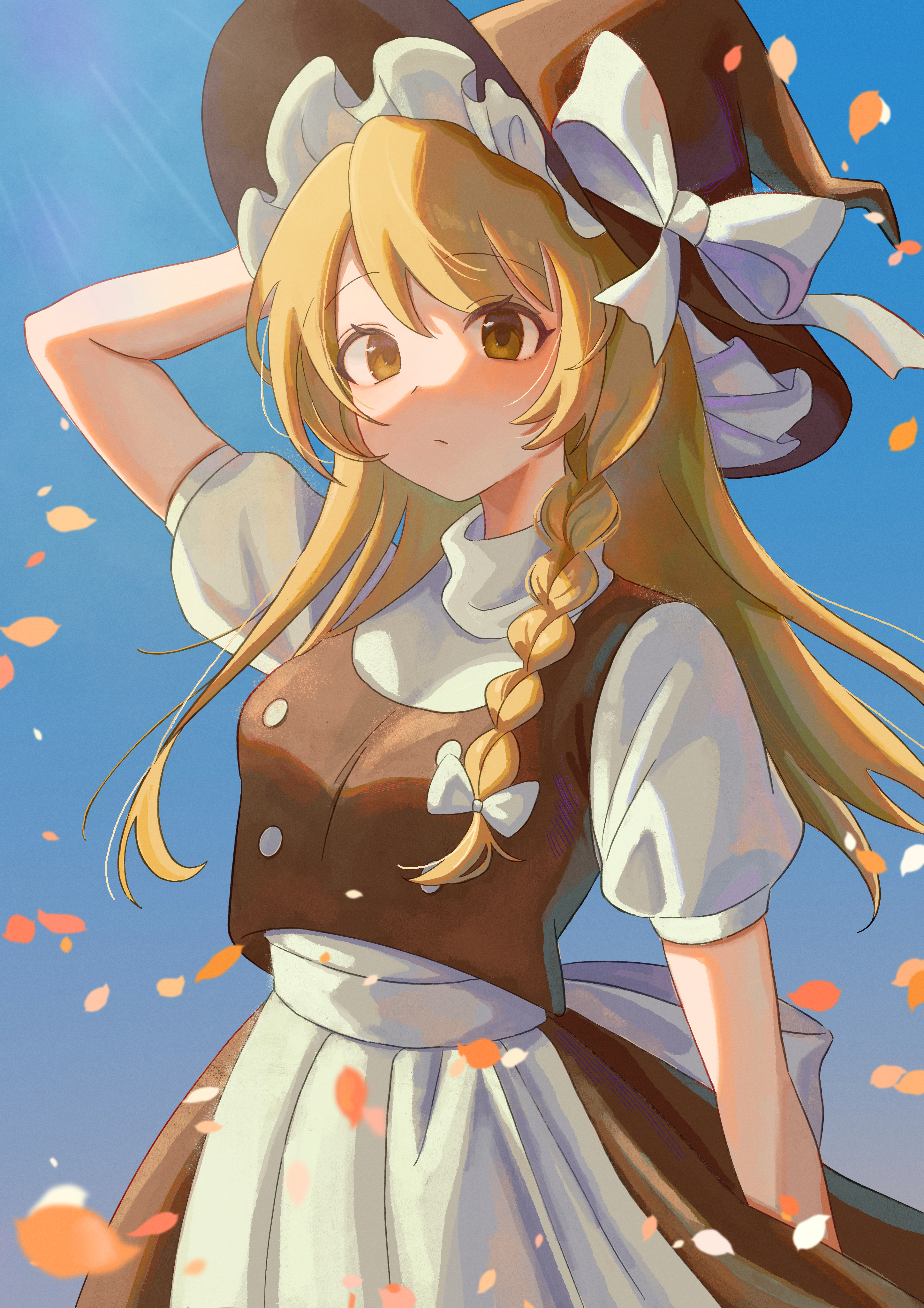 kirisame marisa, touhou, absurdres, commentary, highres, 1girl, apron, black hat, black skirt, black vest, blonde hair, bow, braid, breasts, closed mouth, falling petals, hair bow, hat, hat bow, long hair, petals, puffy short sleeves, puffy sleeves, short sleeves, side braid, single braid, skirt, solo, very long hair, vest, waist apron, white bow, witch hat, yellow eyes, yodachiki