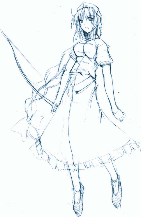 gisyo, yagokoro eirin, touhou, 1girl, blue theme, bow (weapon), braid, female focus, hat, long hair, monochrome, nurse cap, single braid, sketch, solo, very long hair, weapon