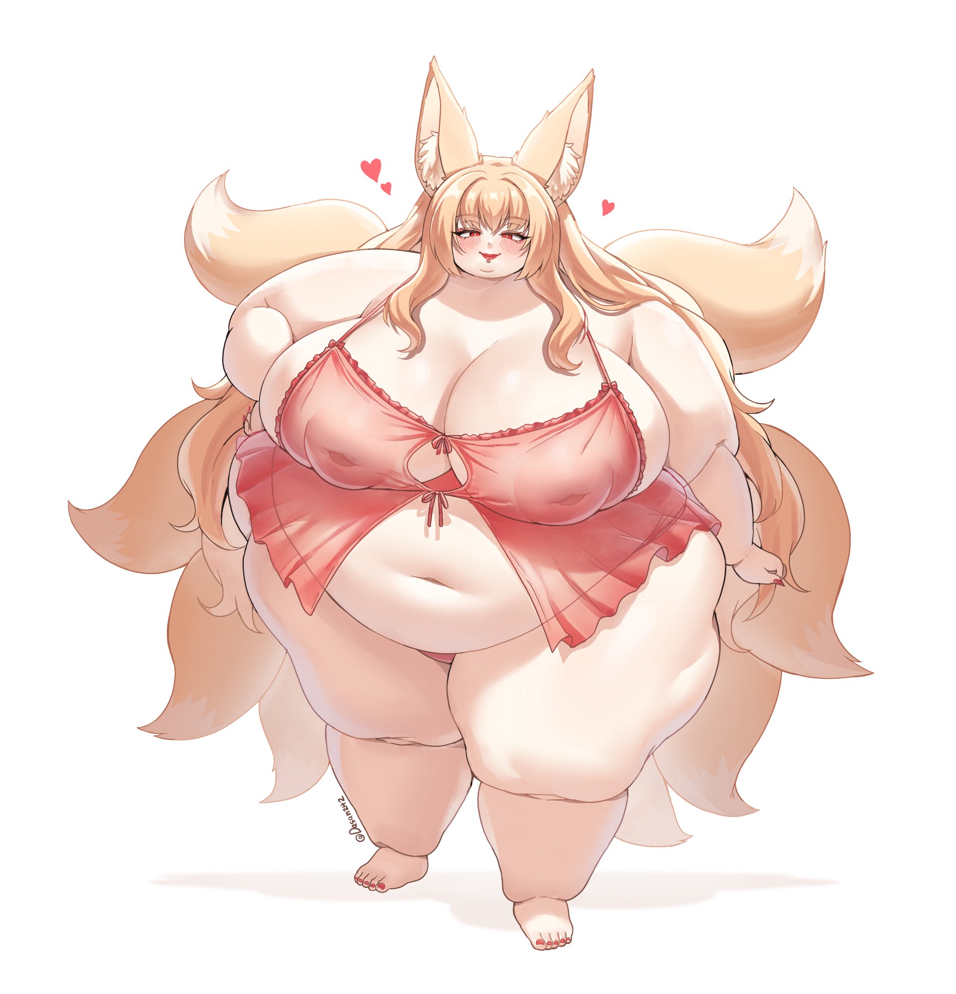 dasan242, original, commission, 1girl, animal ear fluff, animal ears, babydoll, belly, big belly, blonde hair, blush, breasts, cellulite, cleavage, cleavage cutout, clothing cutout, fat, fat woman, fingernails, fox ears, fox girl, fox tail, hand on own hip, heart, huge breasts, inverted nipples, kitsune, lingerie, long hair, multiple tails, navel, nipples, obese, panties, pink babydoll, pink panties, red eyes, red lips, red nails, see-through babydoll, see-through clothes, sharp fingernails, sidelocks, smile, solo, standing, tail, thick thighs, thighs, underwear, white background, wide hips