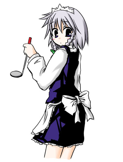 harunatsu akito, izayoi sakuya, touhou, silver hair, 1girl, braid, female focus, ladle, short hair, solo, twin braids