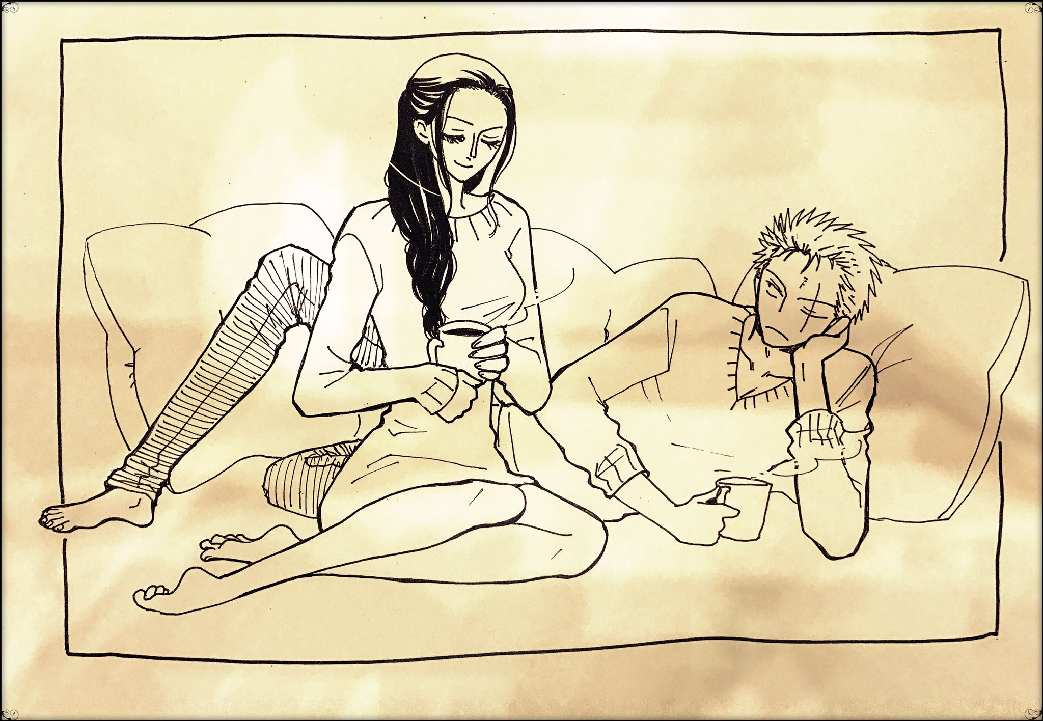 suexue, nico robin, roronoa zoro, comiket 91, one piece, commentary request, highres, 1boy, 1girl, closed mouth, cup, dress, eyelashes, half updo, head rest, holding, holding cup, long hair, looking at another, lying, monochrome, on side, pants, pillow, scar, scar across eye, scar on face, short hair, sidelocks, smile, sweater, sweater dress