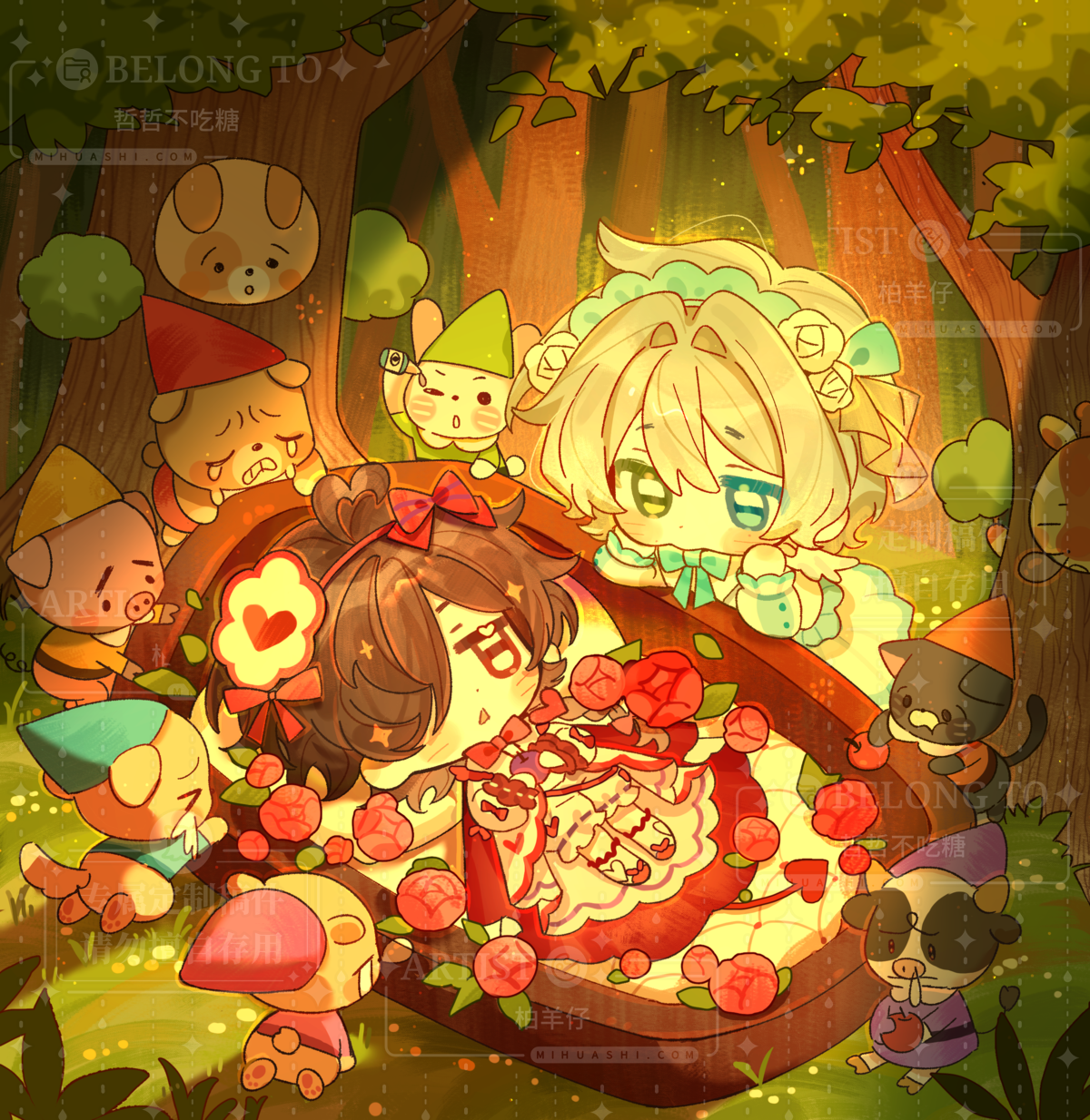 original, highres, 2girls, bai yang zi, blonde hair, blue bow, blue bowtie, blue eyes, blush stickers, bow, bowtie, brown hair, cape, cat, chibi, chibi only, coffin, day, double-parted bangs, dress, flower, forest, green eyes, hair between eyes, hair over one eye, heterochromia, multiple girls, nature, open mouth, outdoors, pig, rabbit, red bow, red bowtie, red cape, red eyes, red flower, red rose, red shoes, rose, shoes, short hair, shorts, socks, tree, watermark, white dress, white shorts, white socks, yurie mouth