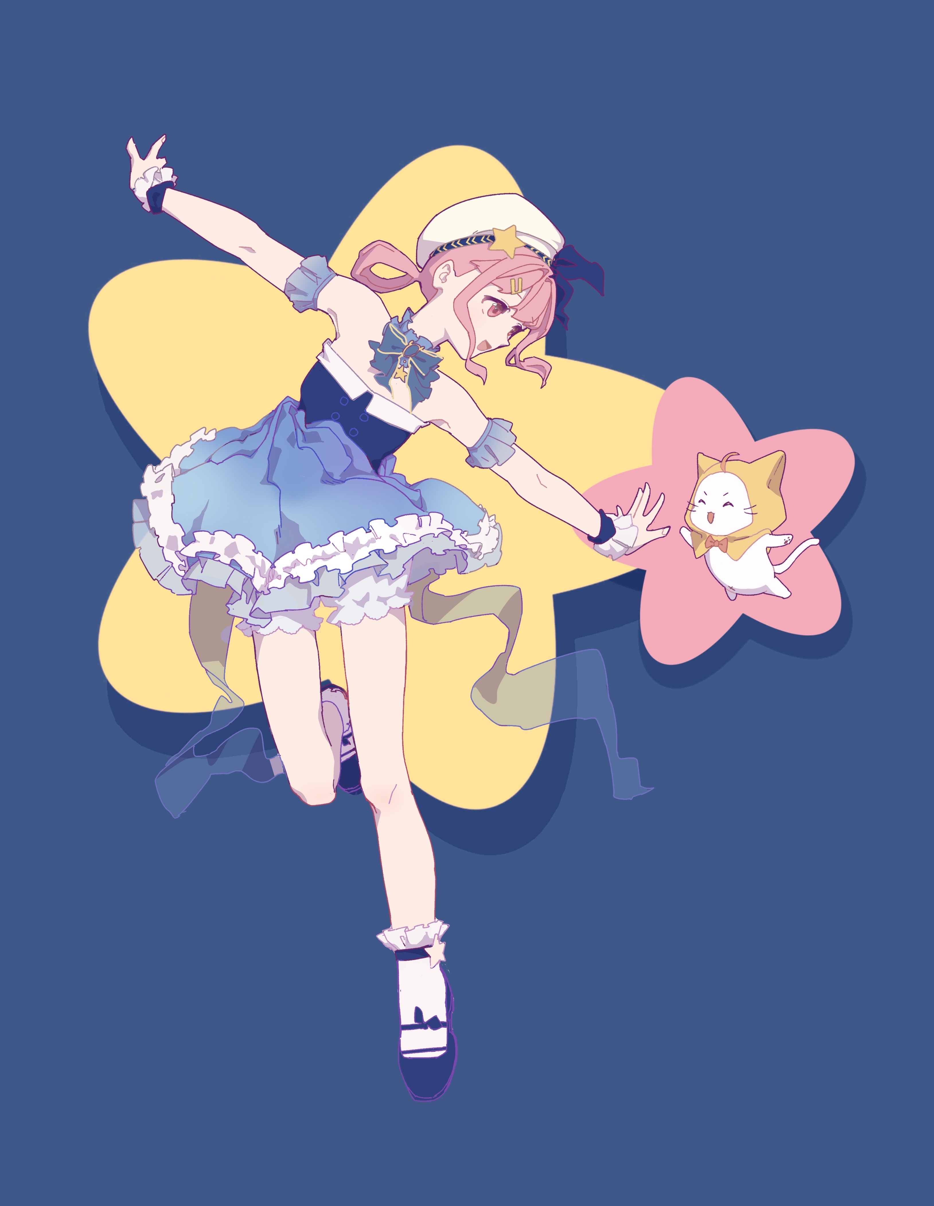 bubbly voyage (infinity nikki), momo (nikki), nikki (nikki), infinity nikki, nikki (series), absurdres, chinese commentary, commentary request, highres, 1girl, ^ ^, agent pp, ahoge, animal, back bow, bare shoulders, beret, bloomers, blue background, blue bloomers, blue bow, blue bowtie, blue brooch, blue choker, blue dress, blue shoes, blue sleeves, blue wrist cuffs, bow, bow choker, bowtie, brooch, cat, choker, cloak, closed eyes, clothed animal, collared dress, detached sleeves, dress, ear covers, eyelashes, floating, floating clothes, floating hair, footwear bow, frilled choker, frilled dress, frilled sleeves, frilled socks, frilled wrist cuffs, frills, full body, hair ornament, hair rings, hairclip, happy, hat, hat bow, hat ornament, hood, hood up, hooded cloak, jewelry, leaning to the side, leg up, looking at animal, mary janes, open mouth, orange bow, orange bowtie, outstretched arms, pink eyes, pink hair, pointy nose, see-through bow, shoes, short dress, short hair, short sleeves, sidelocks, smile, socks, star (symbol), star hat ornament, star symbol background, strapless, strapless dress, traditional bowtie, underwear, wavy hair, whiskers, white cat, white hat, white socks, wrist cuffs, yellow cloak