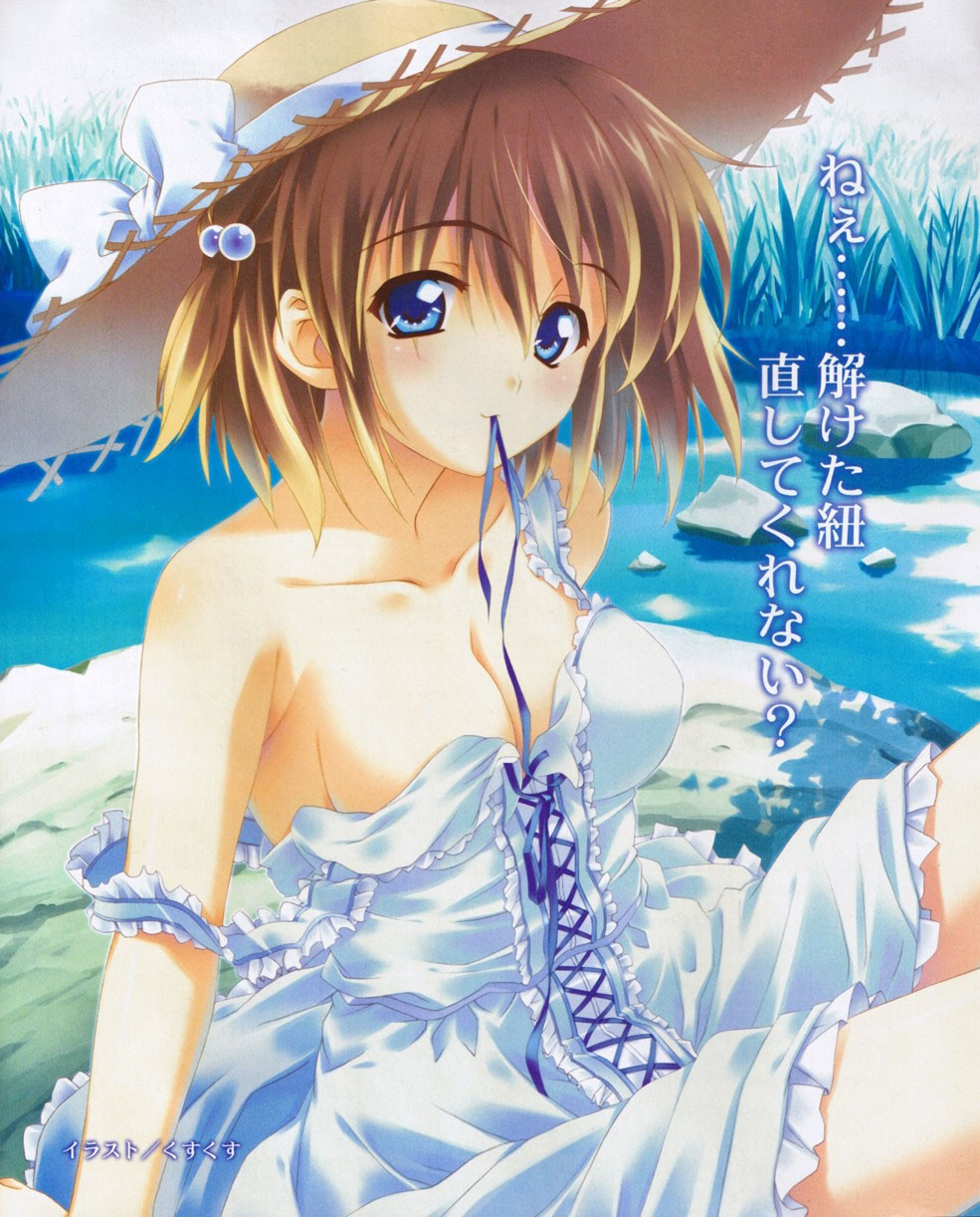 kusukusu, nonosaki tsubasa, moshimo ashita ga hare naraba, highres, blonde hair, blue eyes, dress, hat, mouth hold, off shoulder, ribbon, short hair, solo, straw hat, undressing