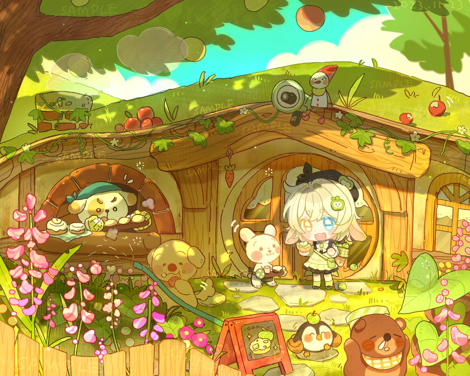original, highres, 1girl, :3, :d, animal ears, apple, bai yang zi, bear, black hat, black shoes, blue eyes, blush stickers, chibi, chibi only, cloud, day, dog, dress, fence, food, fruit, green socks, hat, heterochromia, house, leaf, open mouth, outdoors, rabbit, sample watermark, shoes, short hair, smile, socks, standing, thick eyebrows, tree, watermark, white dress, white hair, window, yellow eyes