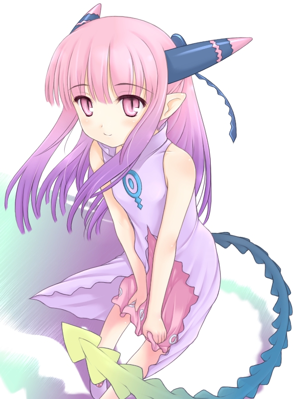 milreaf, summon night, summon night 4, artist request, 1girl, dress, female focus, gradient hair, half updo, multicolored hair, pink eyes, pink hair, purple hair, solo, tail, two-tone hair