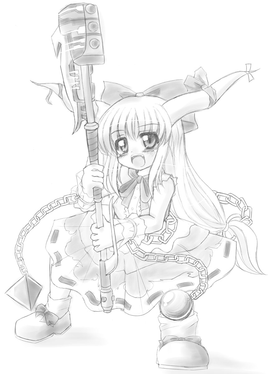 miwatari renge, rennge sou, ibuki suika, halo (game), halo (series), touhou, highres, 1girl, chain, female focus, greyscale, halo, hammer, horns, monochrome, solo