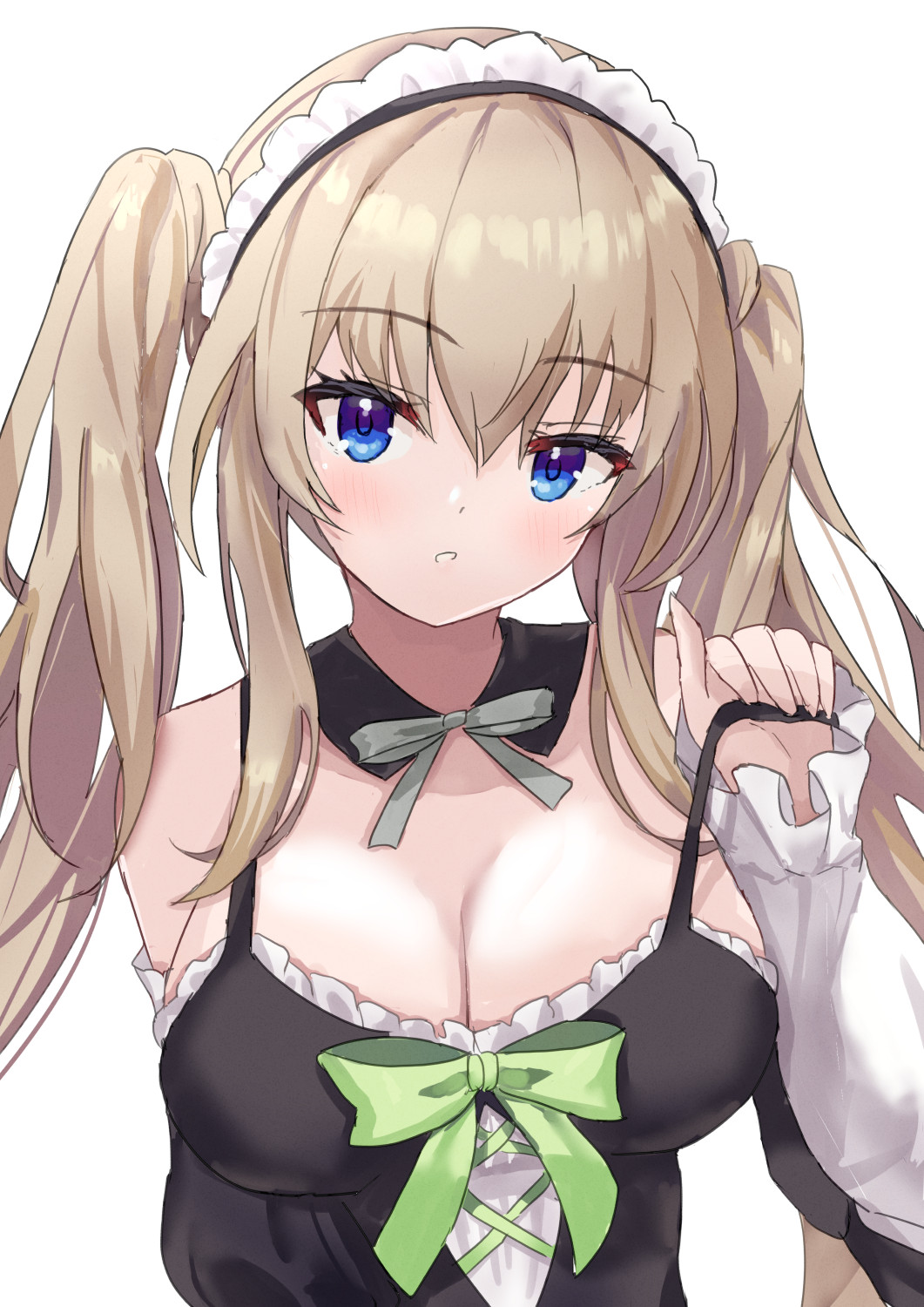 nowa2109, kujou miyako, 9-nine-, commentary request, highres, 1girl, bare shoulders, black dress, blue eyes, blush, bow, bowtie, breasts, brown hair, cleavage, detached collar, detached sleeves, dress, dress bow, eyelashes, frilled dress, frilled sleeves, frills, green bow, grey bow, grey bowtie, hair between eyes, hand up, large breasts, long hair, long sleeves, looking at viewer, maid, maid headdress, nine ball maid uniform, no eyewear, official alternate costume, official alternate hairstyle, parted lips, pulling own clothes, sidelocks, simple background, sleeveless, sleeveless dress, solo, spaghetti strap, strap pull, tsurime, twintails, upper body, very long hair, white background