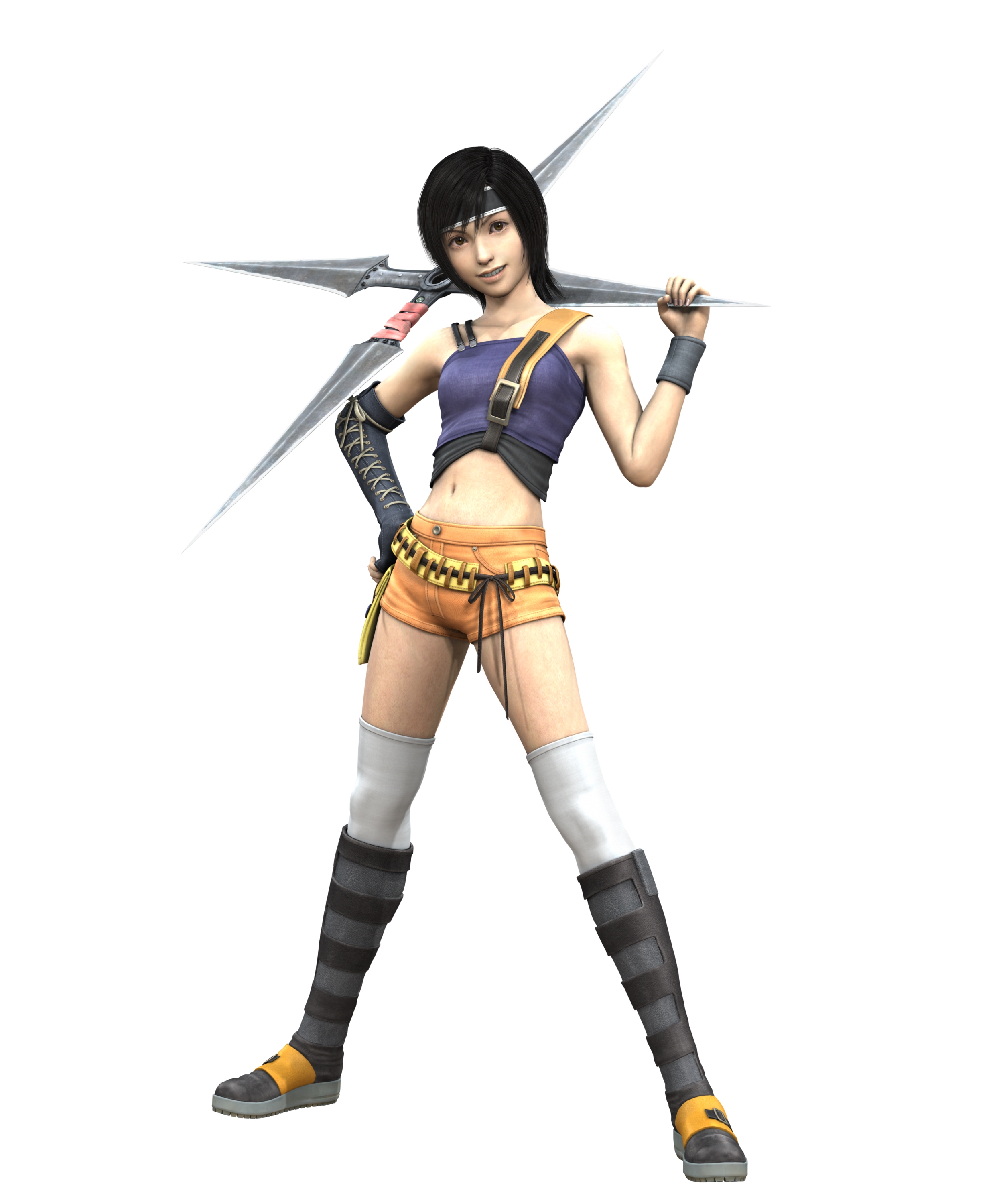 yuffie kisaragi, final fantasy, final fantasy vii, absurdres, highres, 1990s (style), 1girl, 3d, boots, female focus, gloves, navel, retro artstyle, shorts, simple background, solo, spread legs, standing, thighhighs, white background