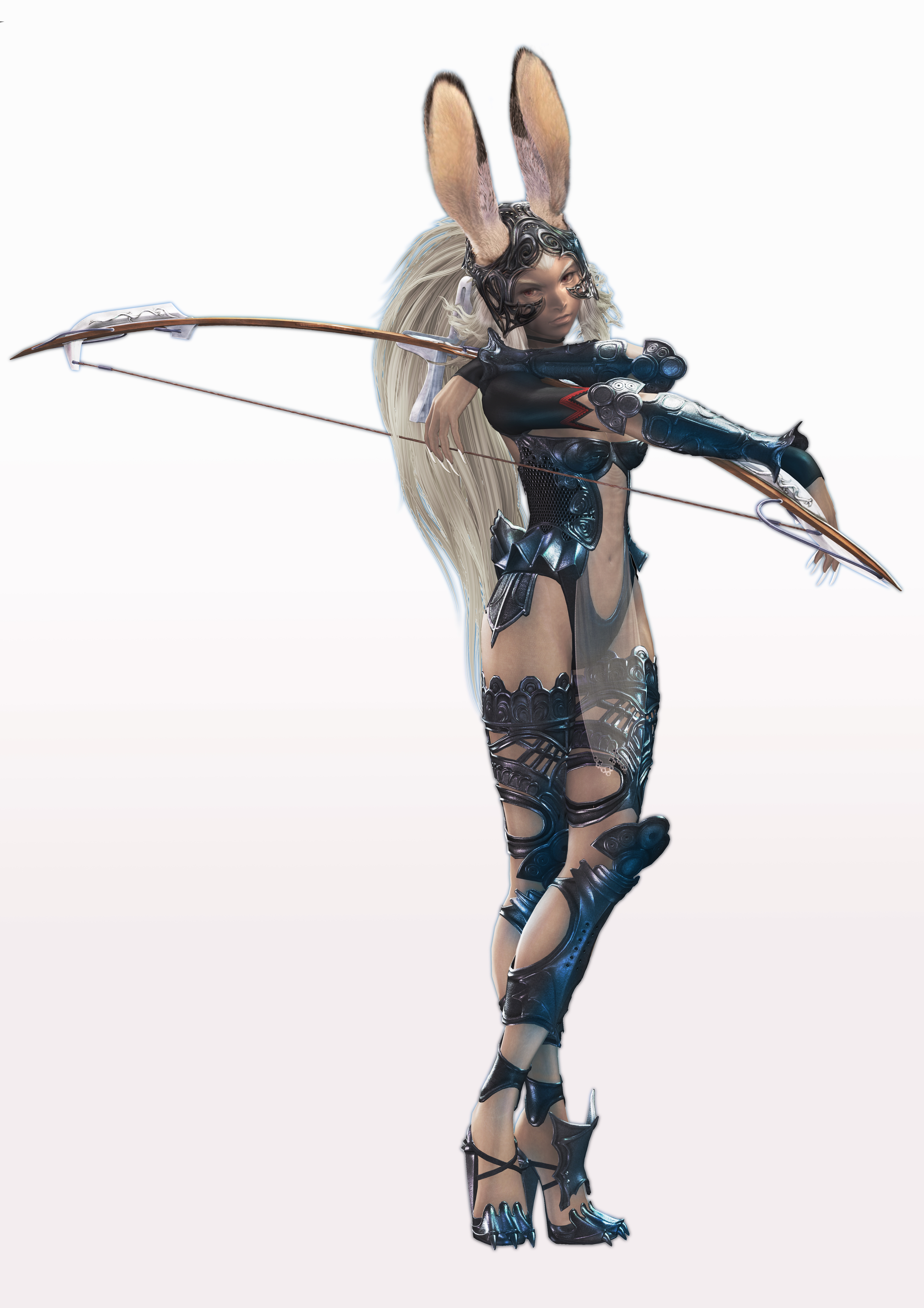 fran (ff12), final fantasy, final fantasy xii, absurdres, highres, 00s, animal ears, armor, bow (weapon), crossed arms, dark skin, full body, helmet, high heels, long hair, looking at viewer, rabbit ears, standing, transparent background, weapon, white background, white hair