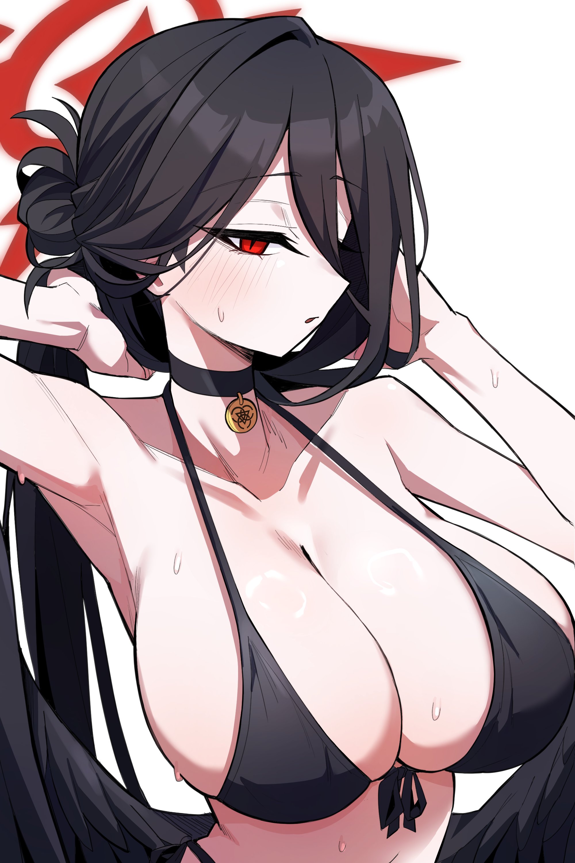 sung08ko, hasumi (blue archive), hasumi (swimsuit) (blue archive), blue archive, absurdres, highres, 1girl, angel wings, armpits, bikini, black hair, blush, breasts, choker, cleavage, collarbone, front-tie bikini top, front-tie top, hair between eyes, hair bun, halo, hand in own hair, huge breasts, long hair, looking at viewer, navel, official alternate costume, official alternate hairstyle, parted lips, red hair, red halo, solo, stomach, sweat, swimsuit, trinity general school logo, white background, wings