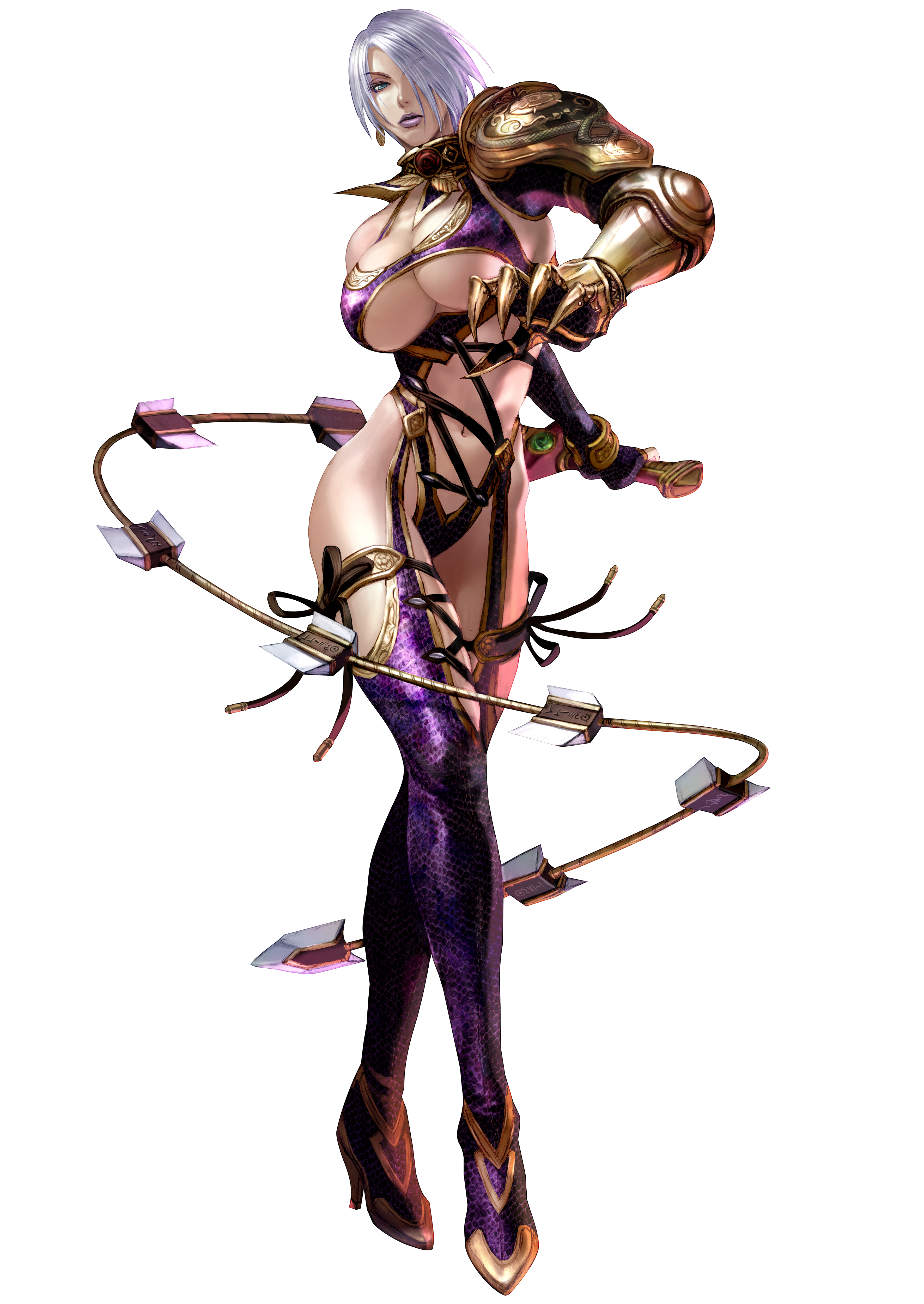 kawano takuji, isabella valentine, soul calibur, soulcalibur, soulcalibur iv, absurdres, highres, official art, 1girl, armor, bare hips, boots, breasts, claw (weapon), curvy, earrings, female focus, gauntlets, hair over one eye, high heels, huge breasts, jewelry, leather, lips, lipstick, living weapon, makeup, navel, pauldrons, purple lips, revealing clothes, shoes, short hair, shoulder armor, solo, sword, thigh boots, thighhighs, transforming weapon, underboob, weapon, whip, whip sword, white hair