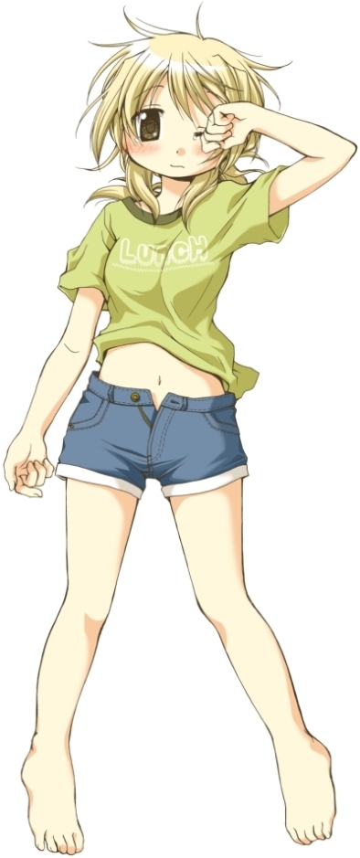 miyako (hidamari sketch), hidamari sketch, non-web source, 00s, barefoot, blonde hair, denim, denim shorts, midriff, shorts, sleepy, solo