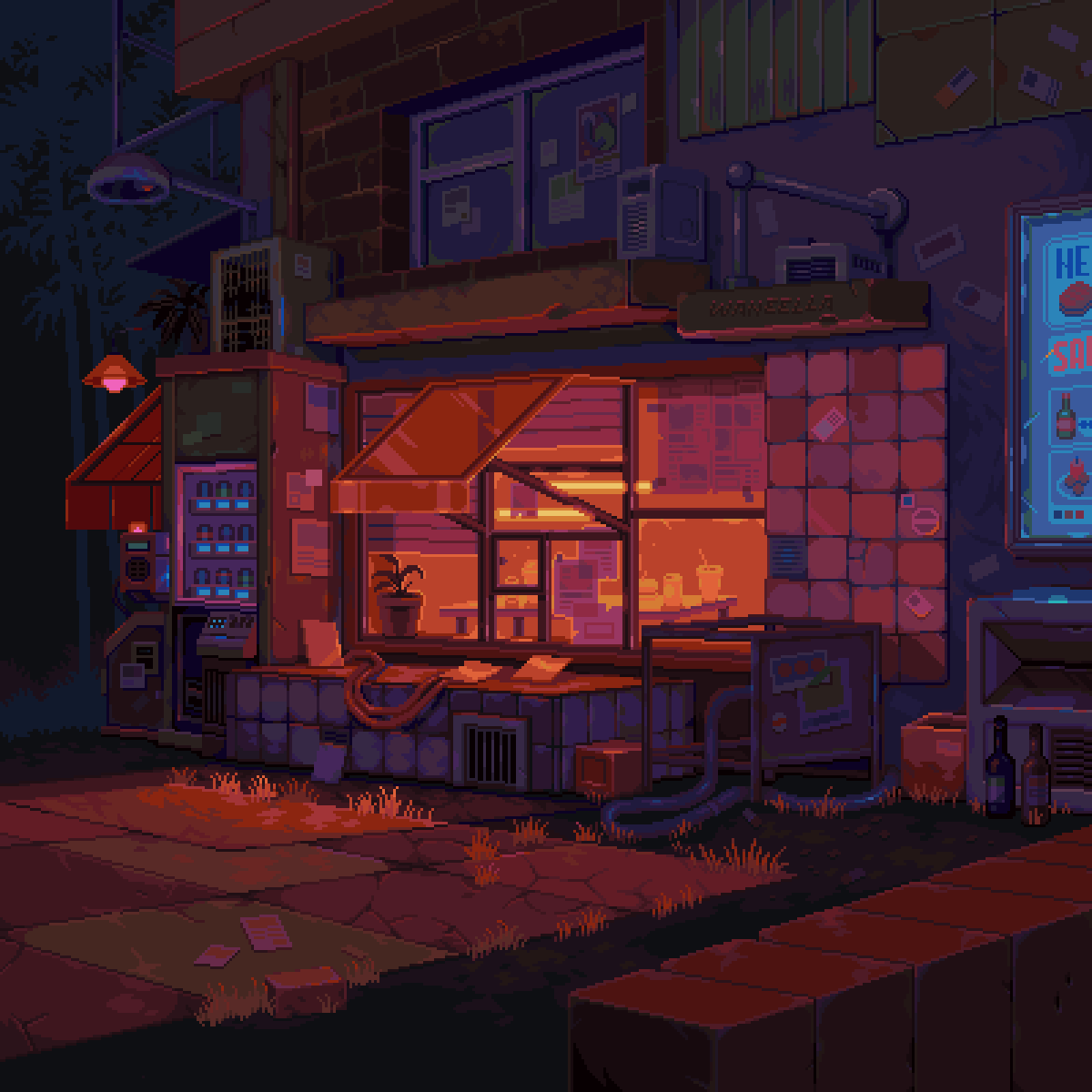 waneella, original, animated, animated gif, highres, absurdly detailed composition, air conditioner, air duct, awning, bamboo, bamboo forest, blinking lights, bug, complex exterior, condenser unit, cup, drink, drinking straw, flickering, fly, food, forest, insect, kiosk, nature, night, pixel art, poster (object), ramp, restaurant, scenery, sidewalk, vending machine