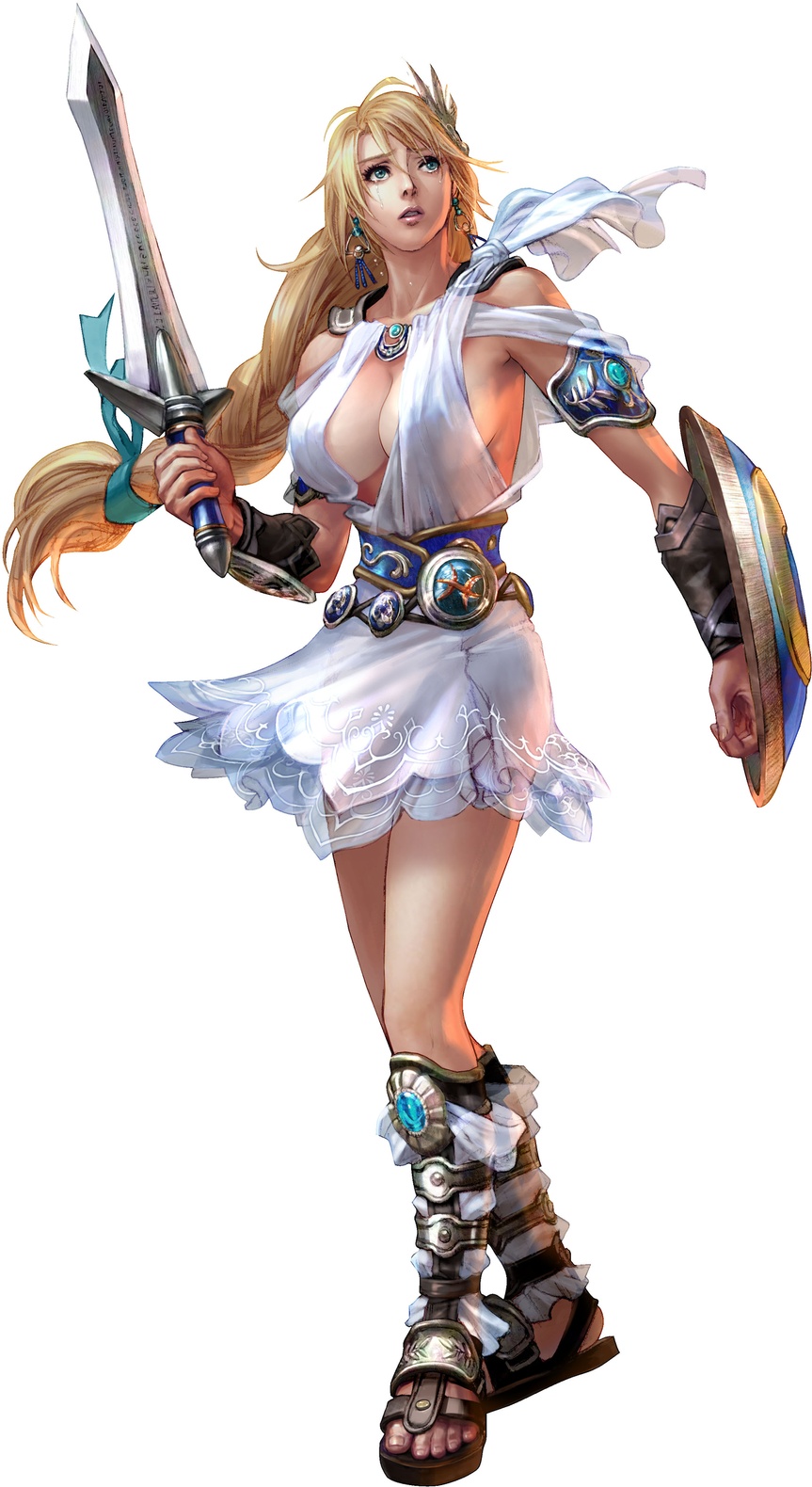 kawano takuji, sophitia alexandra, soul calibur, soulcalibur, soulcalibur iv, highres, official art, 1girl, armor, armored dress, blonde hair, blonde twist, braid, breasts, cleavage, dress, earrings, elk shield, female focus, floating clothes, full body, goddess bracelet, goddess guards, goddess headdress, goddess robe, holding, holding sword, holding weapon, jewelry, large breasts, long hair, omega sword, sandals, see-through clothes, shield, simple background, single braid, solo, standing, sword, tears, thighs, weapon, white background