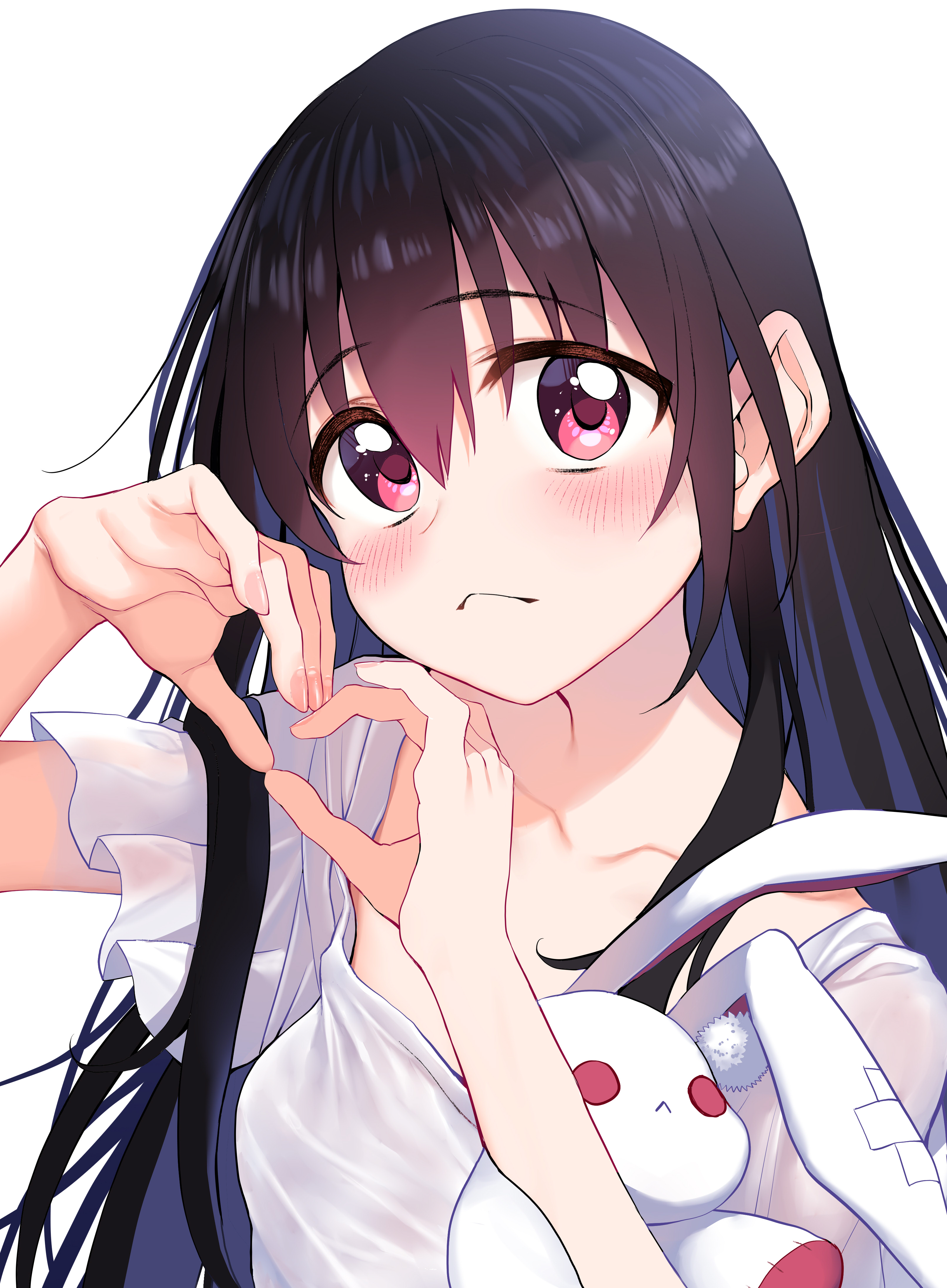 suga hideo, original, absurdres, commentary request, highres, 1girl, black hair, blush, breasts, dress, embarrassed, heart, heart hands, long hair, looking at viewer, pink eyes, small breasts, solo, stuffed animal, stuffed rabbit, stuffed toy, white dress