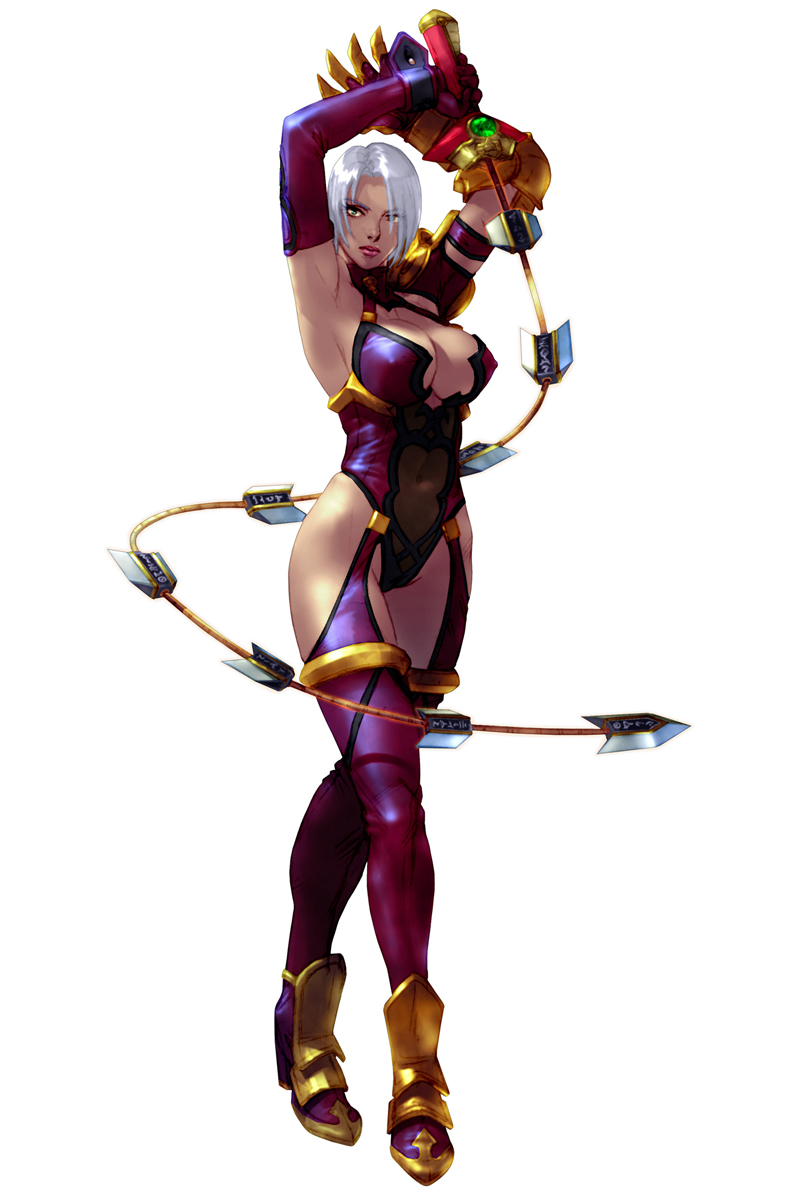 isabella valentine, soul calibur, soulcalibur, soulcalibur ii, highres, tagme, 1girl, armpits, breasts, cleavage, female focus, green eyes, high heels, large breasts, navel, solo, sword, weapon, whip sword, white background, white hair