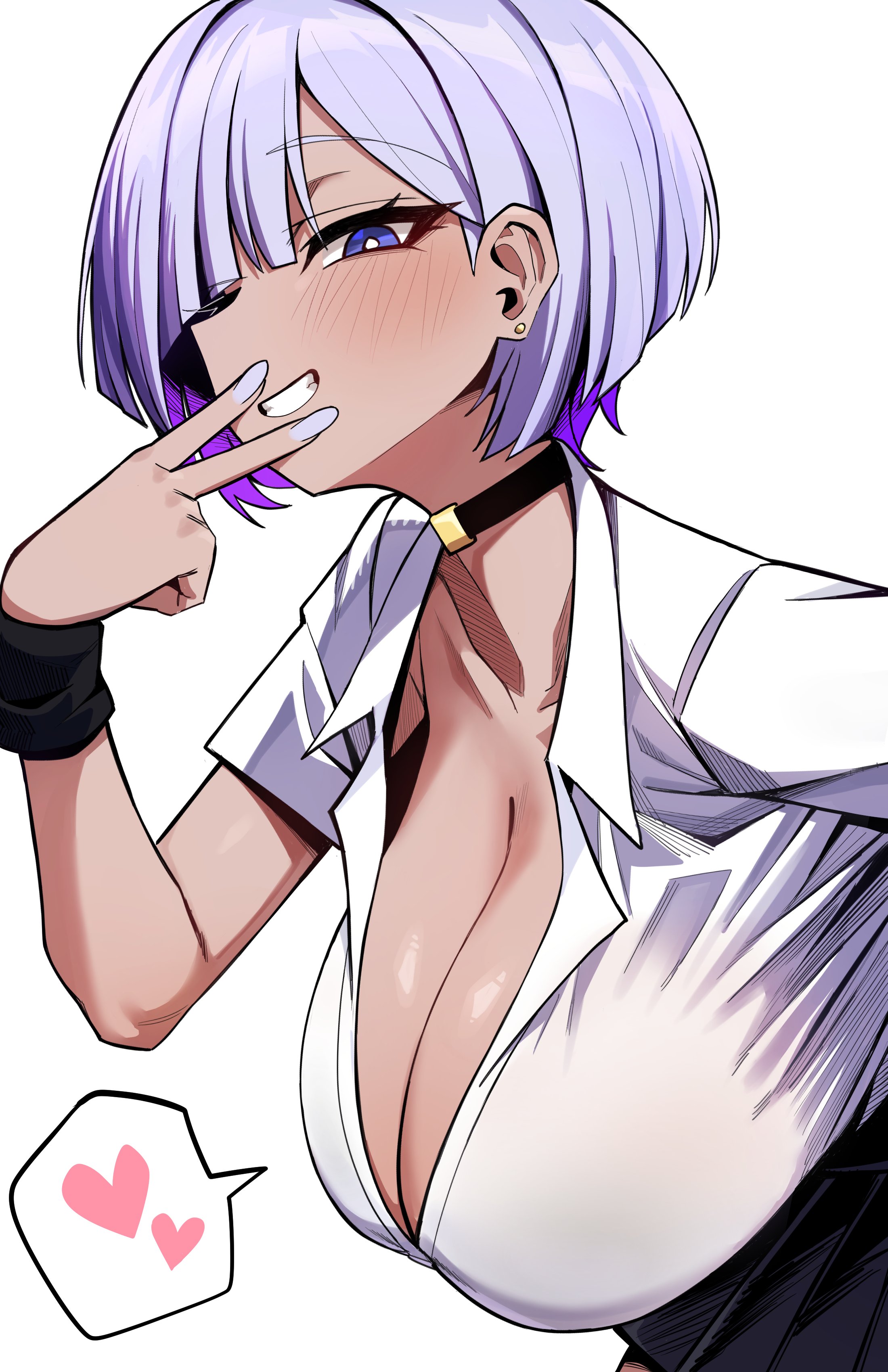 sung08ko, original, absurdres, highres, breasts, bright pupils, choker, cleavage, collarbone, collared shirt, colored inner hair, draw this in your style challenge, earrings, grey hair, gyaru, heart, huge breasts, jewelry, looking at viewer, multicolored hair, purple eyes, purple hair, school uniform, shirt, short sleeves, smile, spoken heart, stud earrings, v, v over mouth, white background, white shirt, wristband