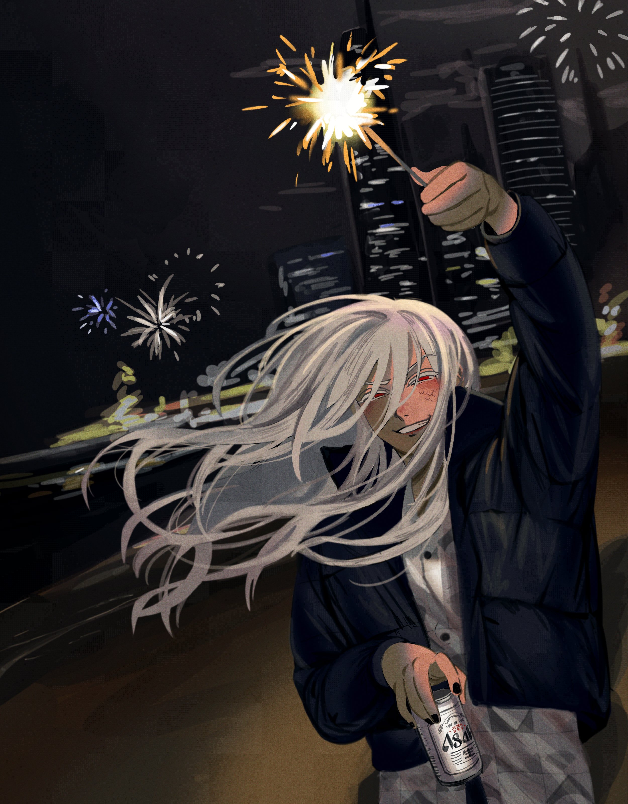 paradox live, absurdres, highres, 1boy, 3overdose3, aerial fireworks, alcohol, arm up, beach, blush, can, city, city lights, cityscape, collar, colored eyelashes, down jacket, drunk, firework background, fireworks, hair between eyes, hair flowing over, holding, holding can, holding fireworks, jacket, kaida shion, long hair, long sleeves, looking at viewer, male focus, multicolored hair, nail polish, night, night sky, outdoors, parted lips, patterned clothing, red eyes, scales, shirt, sidelocks, sky, smile, solo, sparkler, squinting, white hair, white shirt