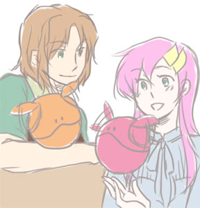 haro, lacus clyne, lockon stratos, neil dylandy, gundam, gundam 00, gundam seed, gundam seed destiny, lowres, 00s, 1boy, 1girl, :d, afterimage, ball, blush, brown hair, creature, crescent, flying, green eyes, hair ornament, hairclip, in-franchise crossover, long hair, motion lines, open mouth, smile, upper body