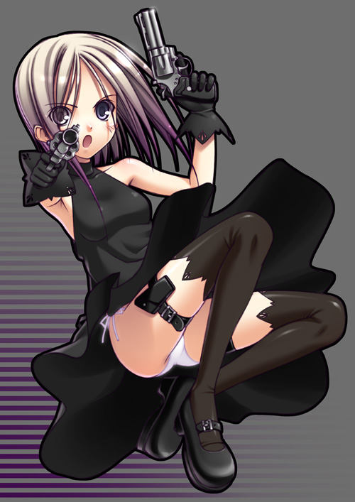 1girl, aiming, aiming at viewer, black theme, blonde hair, blue eyes, dual wielding, female focus, gun, handgun, holding, panties, pantyshot, pistol, revolver, side-tie panties, solo, thighhighs, underwear, weapon