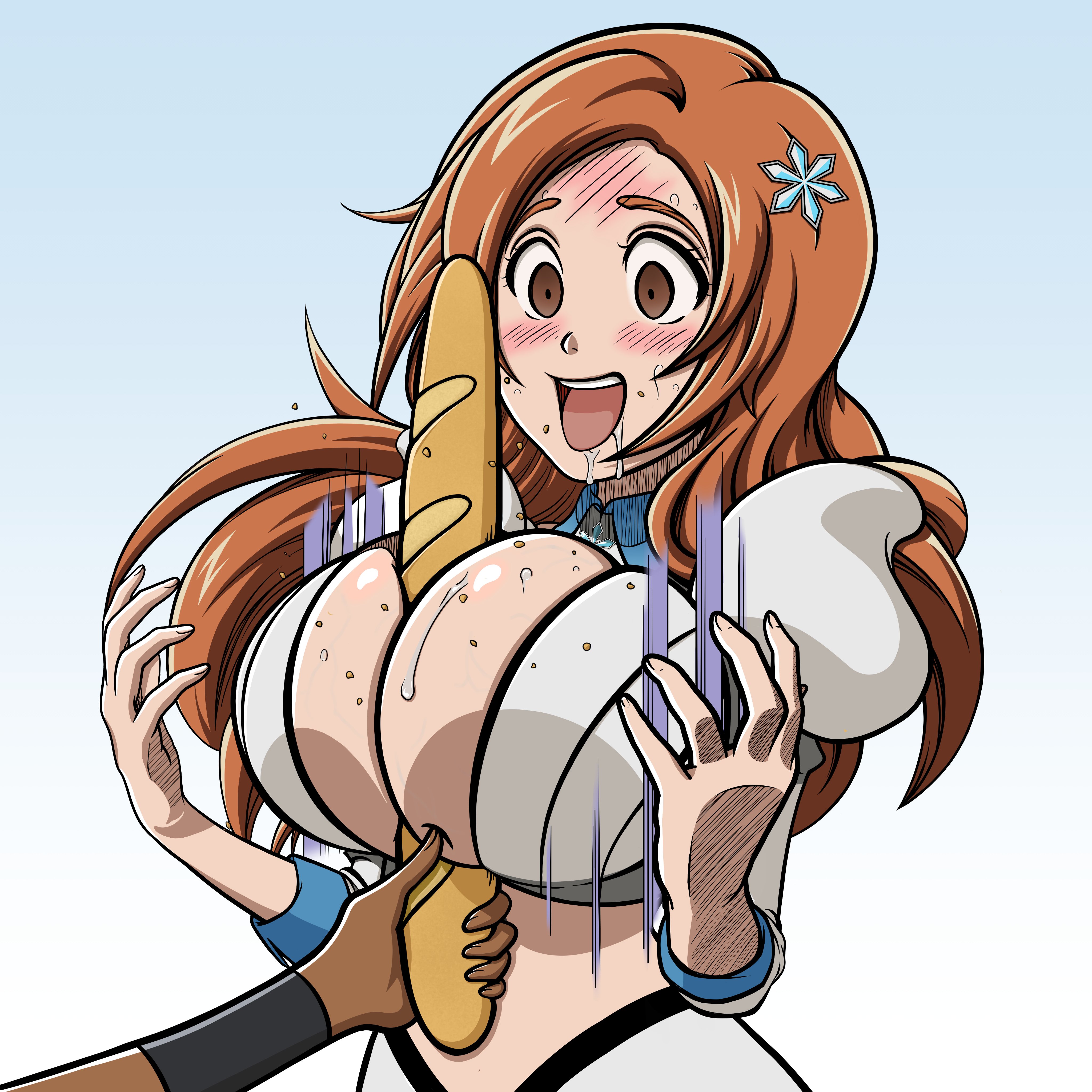 hazvalt, inoue orihime, bleach, bleach: sennen kessen-hen, between breasts, breasts, cleavage, cleavage cutout, clothing cutout, detached sleeves, hair ornament, long hair, midriff, orange hair, puffy sleeves, sexually suggestive, simple background, surprised