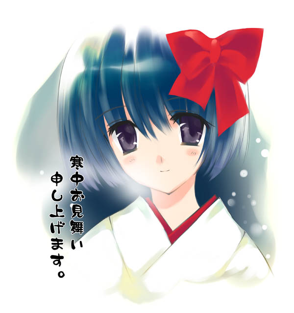 rei (artist), rei (rei's room), original, 1girl, blue hair, blush, bow, female focus, hair bow, japanese clothes, kimono, looking at viewer, miko, purple eyes, red bow, short hair, solo, tareme, text focus